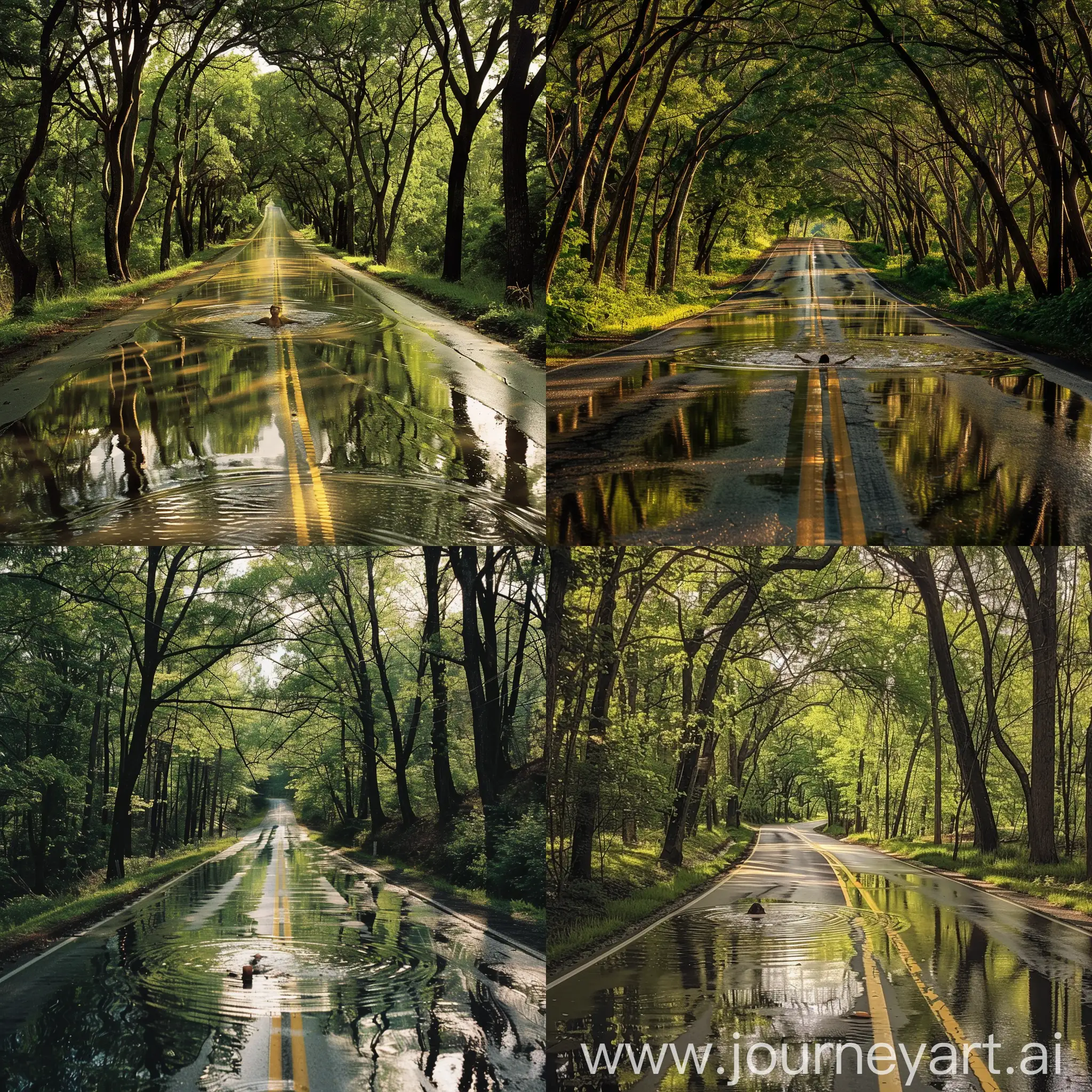 A road surrounded by trees with a person swimming in a puddle on the road. The road is wet and reflects the surrounding trees and sky. There are yellow lines marking the center of the road. Trees on both sides of the road have green leaves, suggesting it might be spring or summer. The sky appears to be clear with sunlight filtering through the trees, casting shadows on the road.