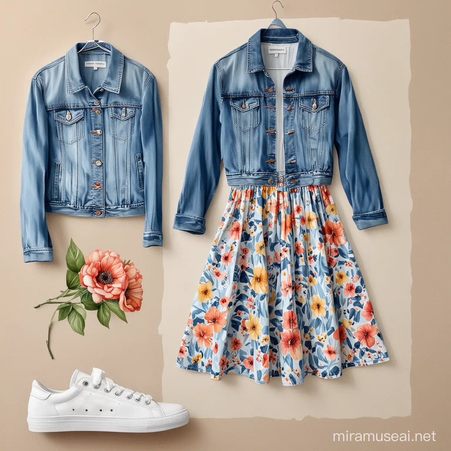 create a fashion illustration with water color drawing a  look for women  pair the floral print midaxi dress with a denim jacket and white sneakers.