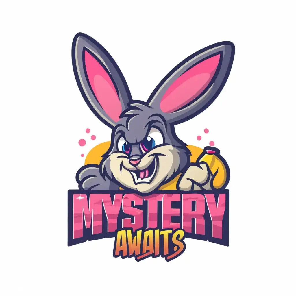 logo, create an NFT Style image of a crazy rabbit , Contour, Vector, White Background, highly Detailed, sharp outlined image, no jagged edges, vibrant colors, with the text "Mystery Awaits", typography