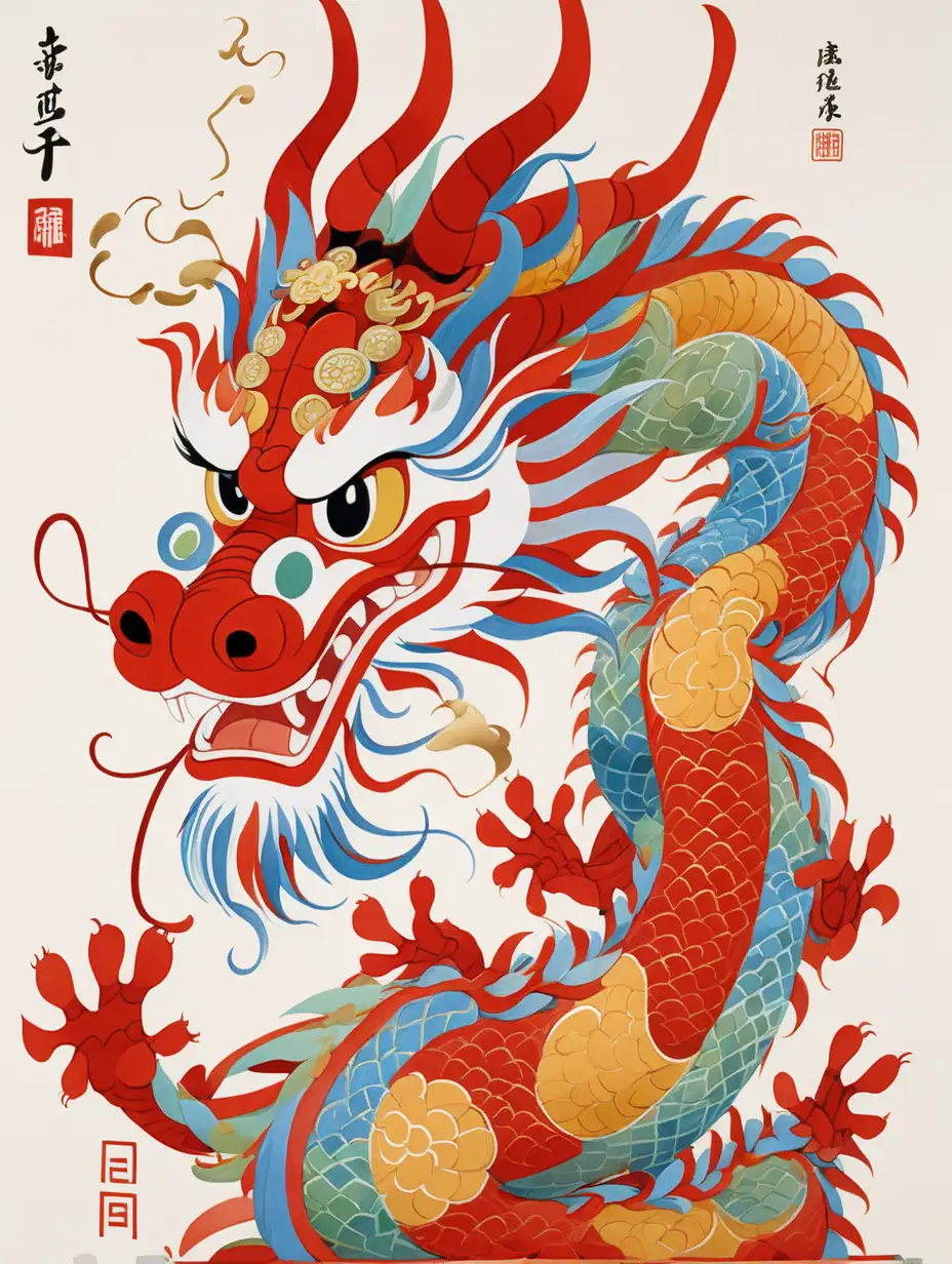 Artist wu guanzhong's painting style, a cute chinese dragon, for chinese new year, abstract but clean lines, advanced color match, illustration, head close-up