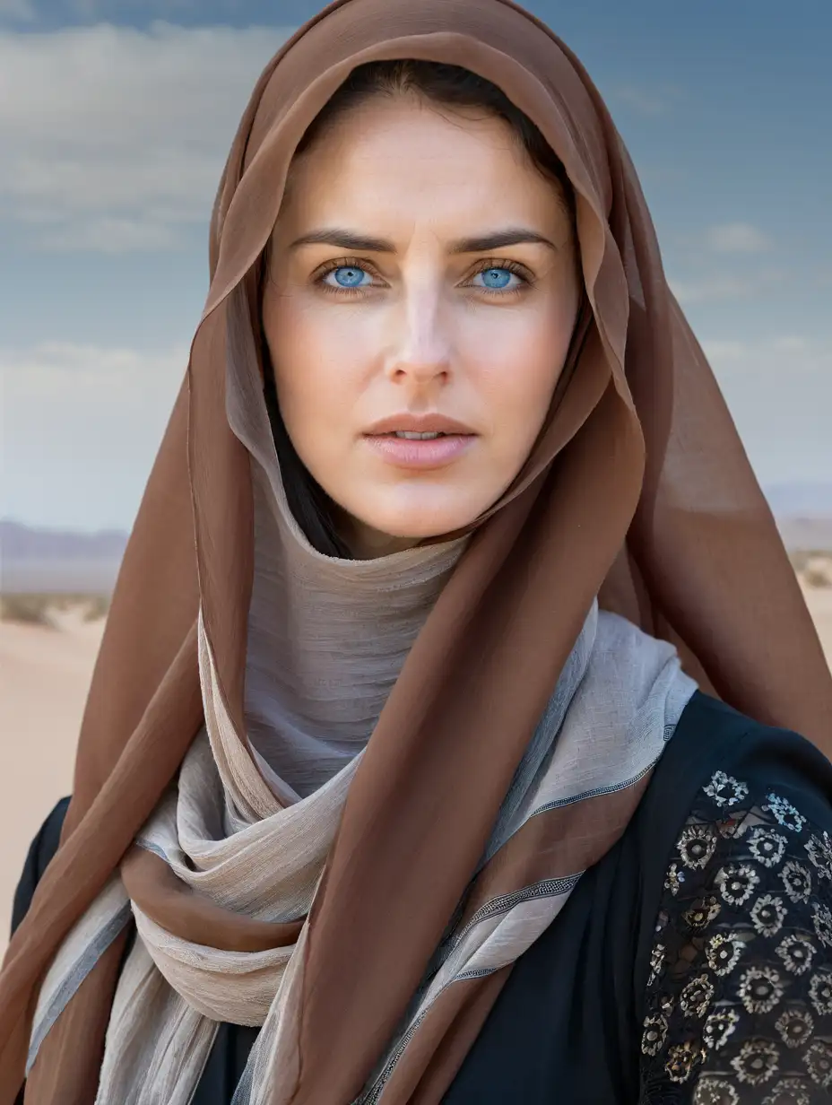 Woman with blue eyes and dark hair.
 a sand colored head covering low on her forehead.
breathing mask covers lower face.
Wind roughened skin. desert background. 
full portrait.