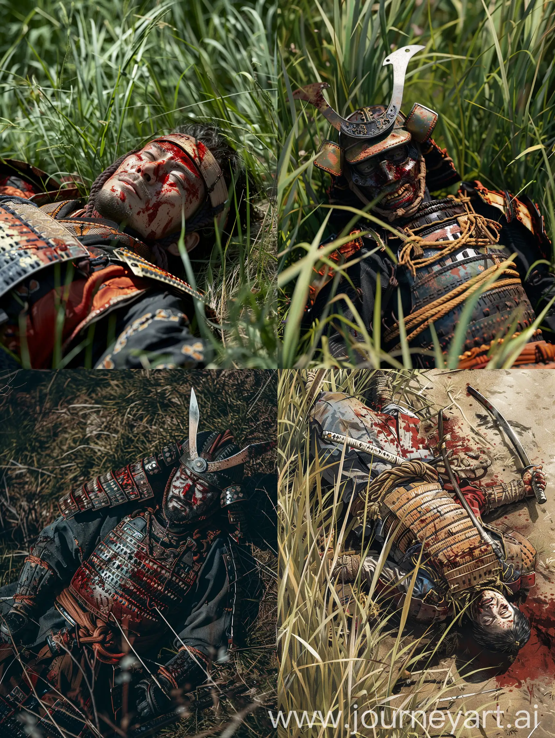 Окровавленный самурай лежит после боя в весенней траве