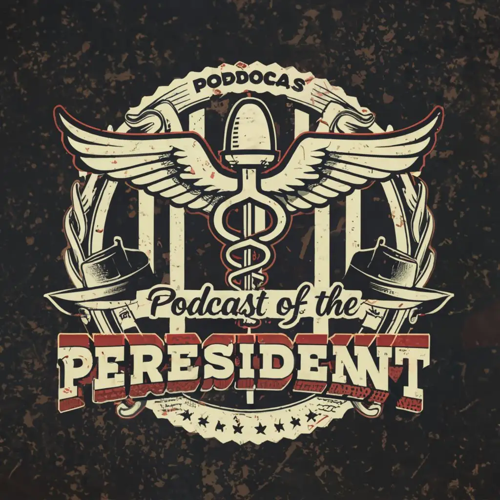 LOGO-Design-For-Podcast-of-the-PRESIDENT-Symbolic-Caduceus-Winged-Helmet-and-Microphone