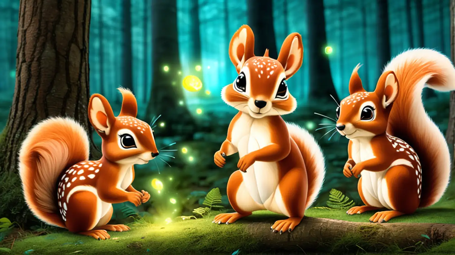 Enchanted Squirrels with Glowing Bambi Spots in a Mystical Forest