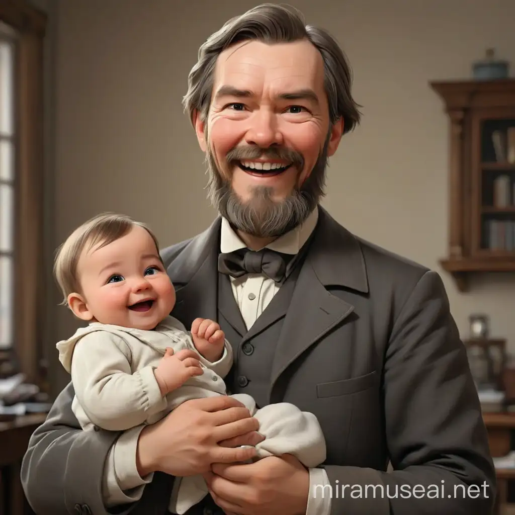 Friedrich Engels holds a baby in his hands and smiles awkwardly.In the style of realism, 3D animation