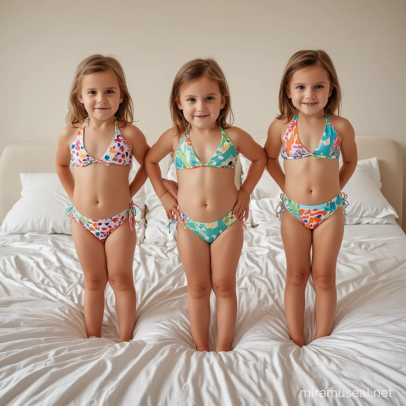 Young children wearing small string bikini bottoms on a bed