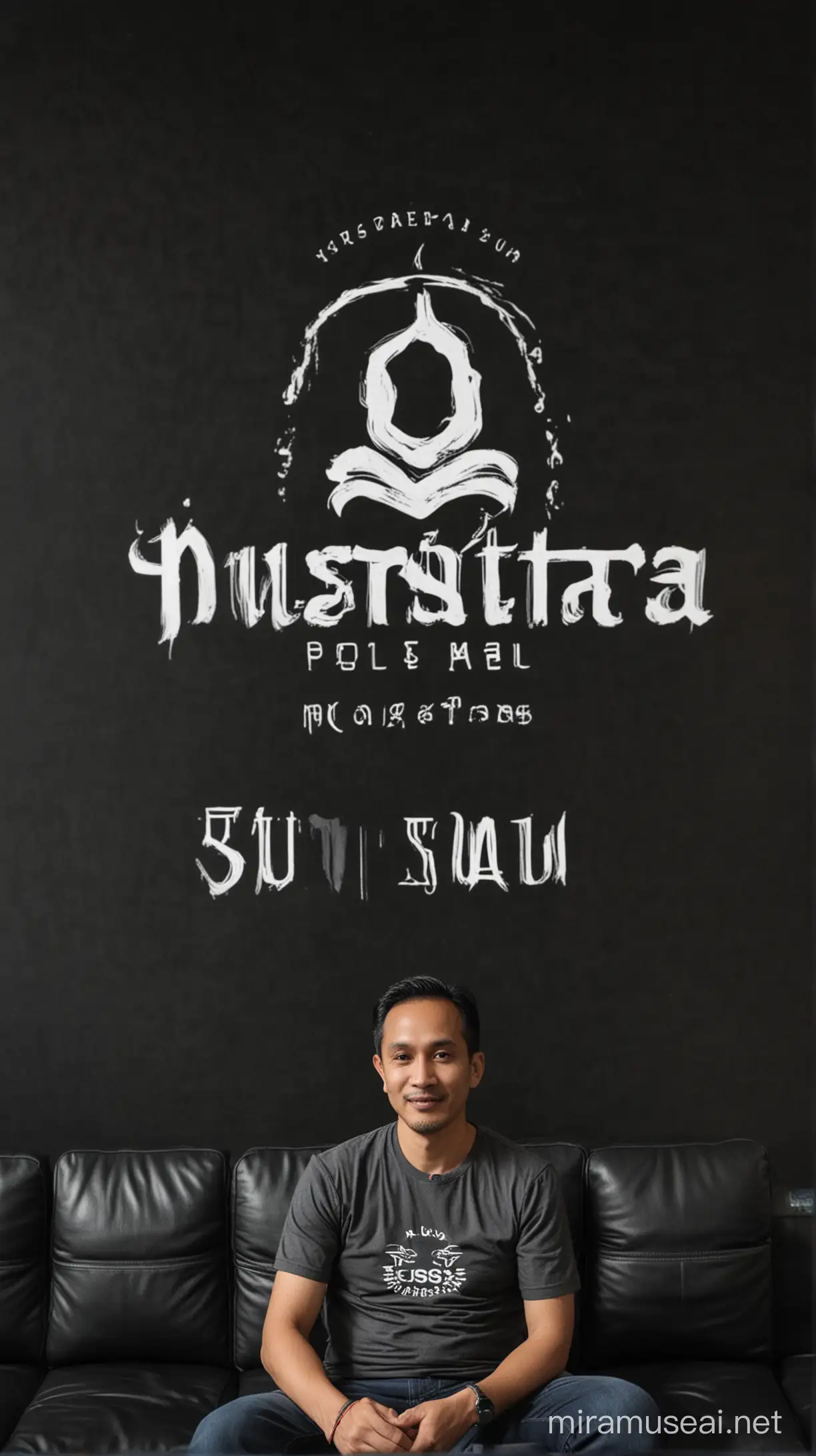 Ehud Budi Santoso still do Podcast on Black sofa with logo project Nusantara on the wall