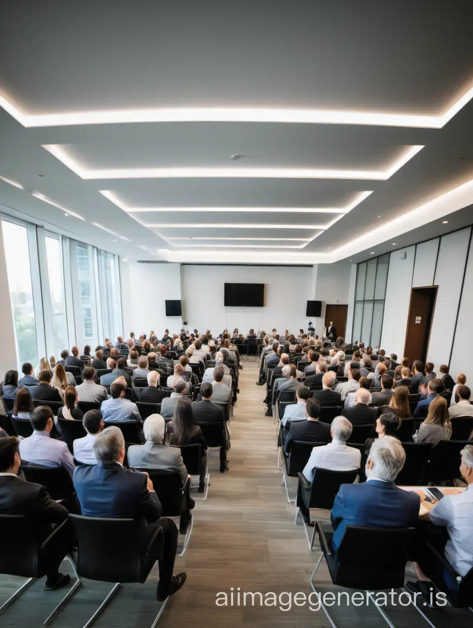 An audience of around 100 people, sitting in a modern conference room