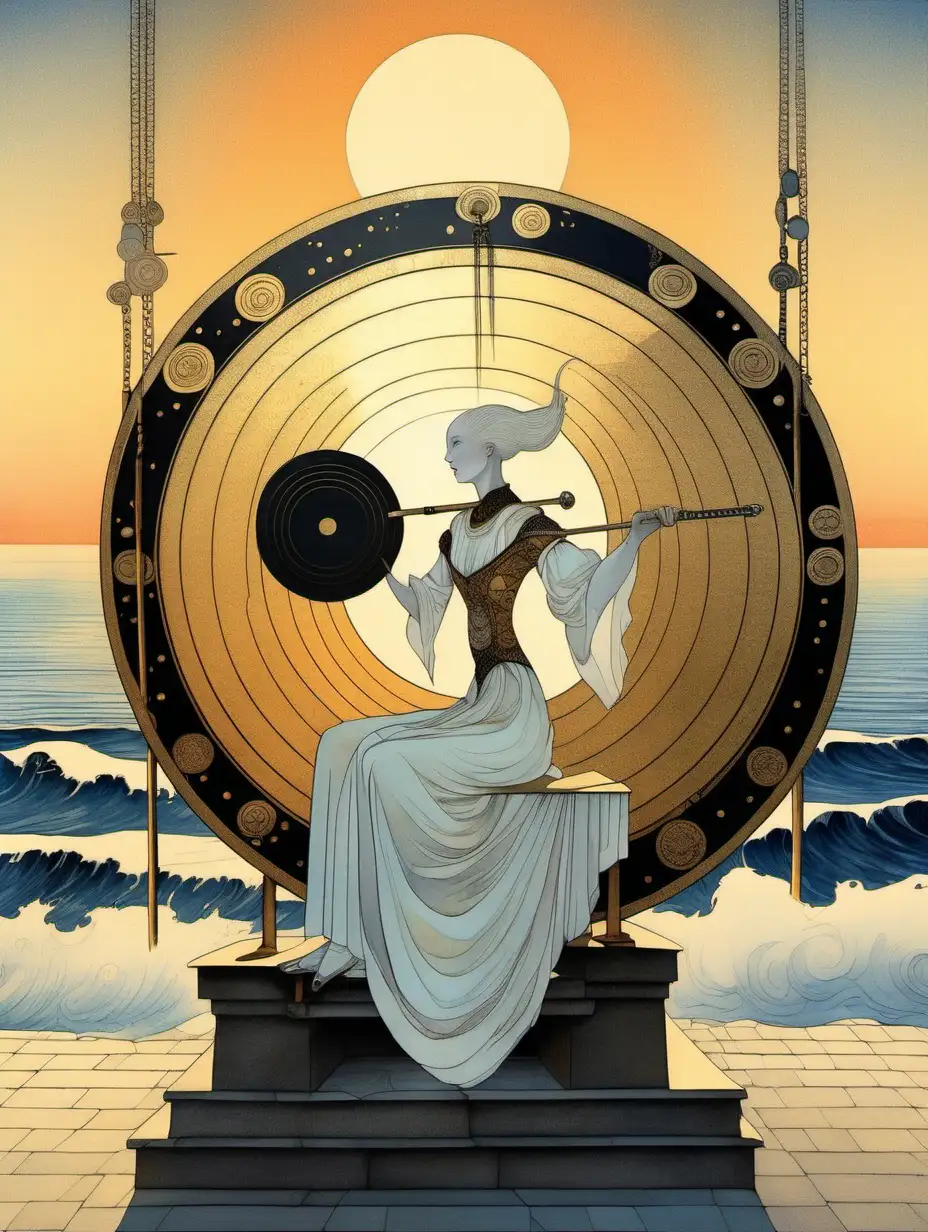 futuristic portrait in kay nielsen style of a woman playing a large gong with a mallet, while sitting by ocean, sunset