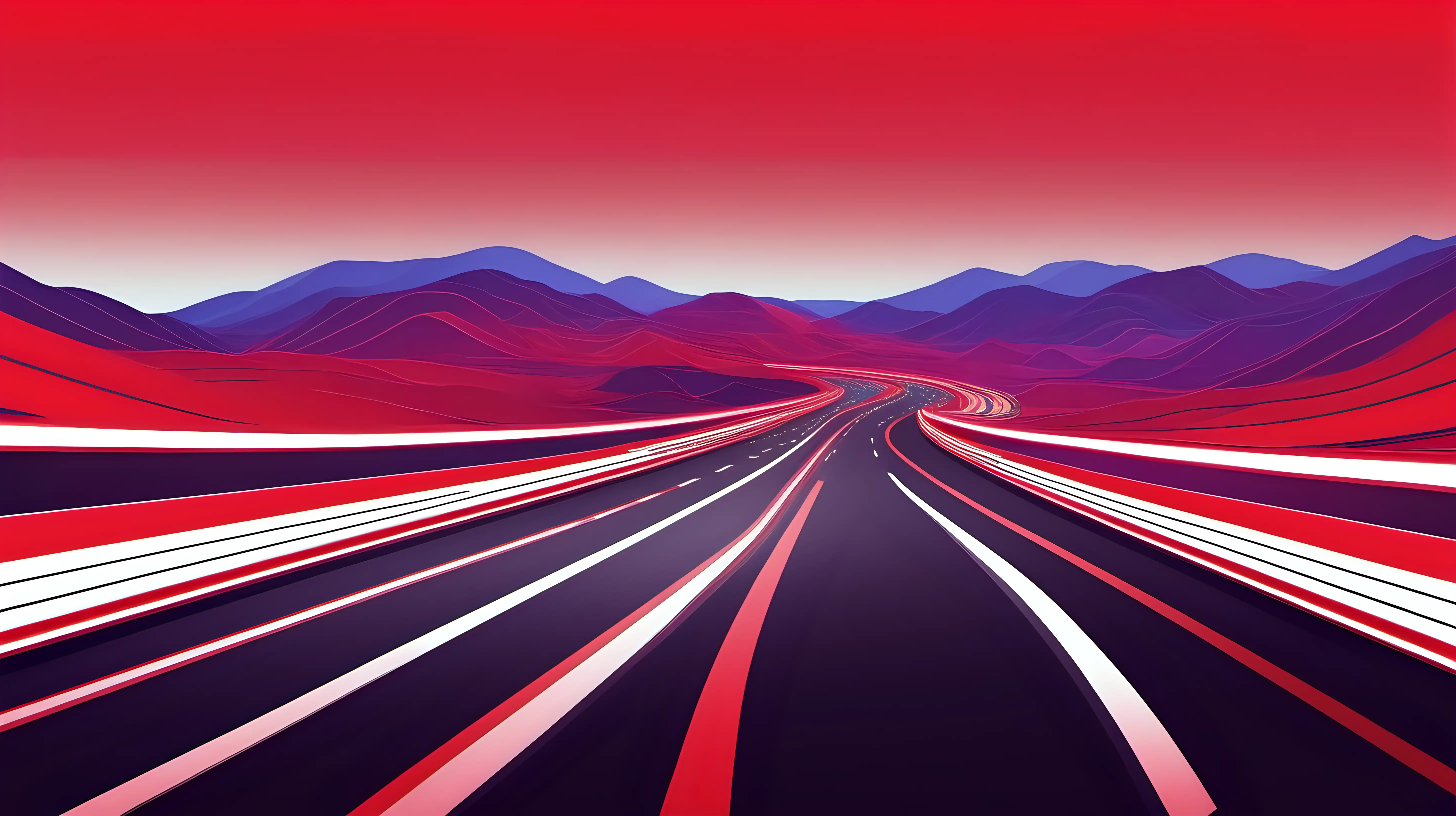 高速公路元素，道路有弯曲美感，高速路用色条感体现，动感色条在画面横向体现，画面要求大气，视觉冲击力强，颜色红色。效果为舞台主屏背景设计图