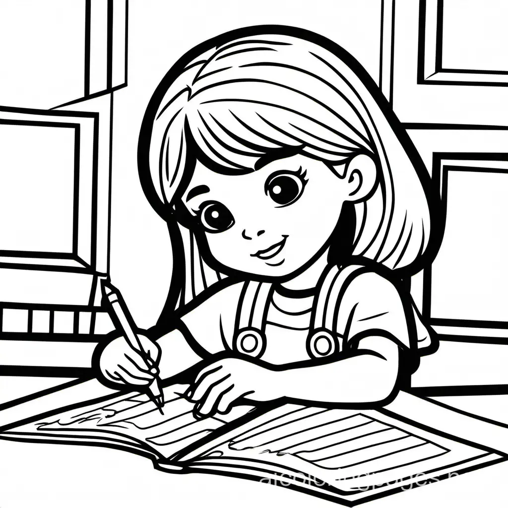 A picture of a girl coloring in her book, Coloring Page, black and white, line art, white background, Simplicity, Ample White Space. The background of the coloring page is plain white to make it easy for young children to color within the lines. The outlines of all the subjects are easy to distinguish, making it simple for kids to color without too much difficulty