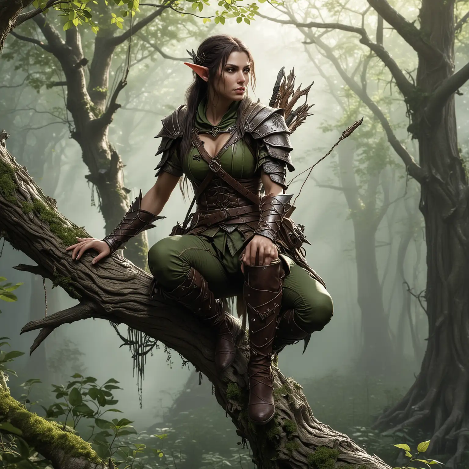 wood elf ranger perched in on a tree branch, fantasy