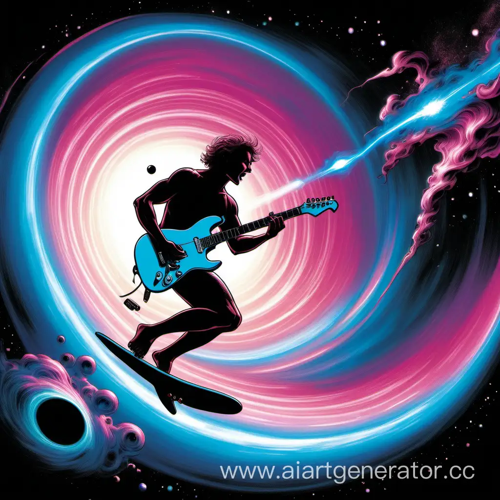 Space-Surfer-with-Electric-Guitar-Flying-towards-Glowing-Black-Hole