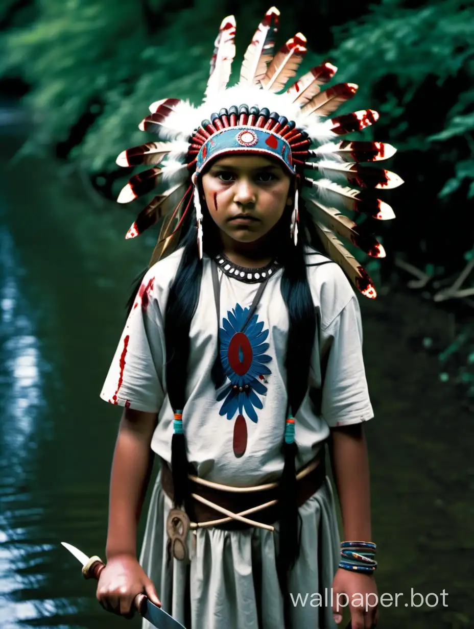 12 year old native American girl black hair brown eyes wearing Indian headdress standing in a creek holding a bloody knife