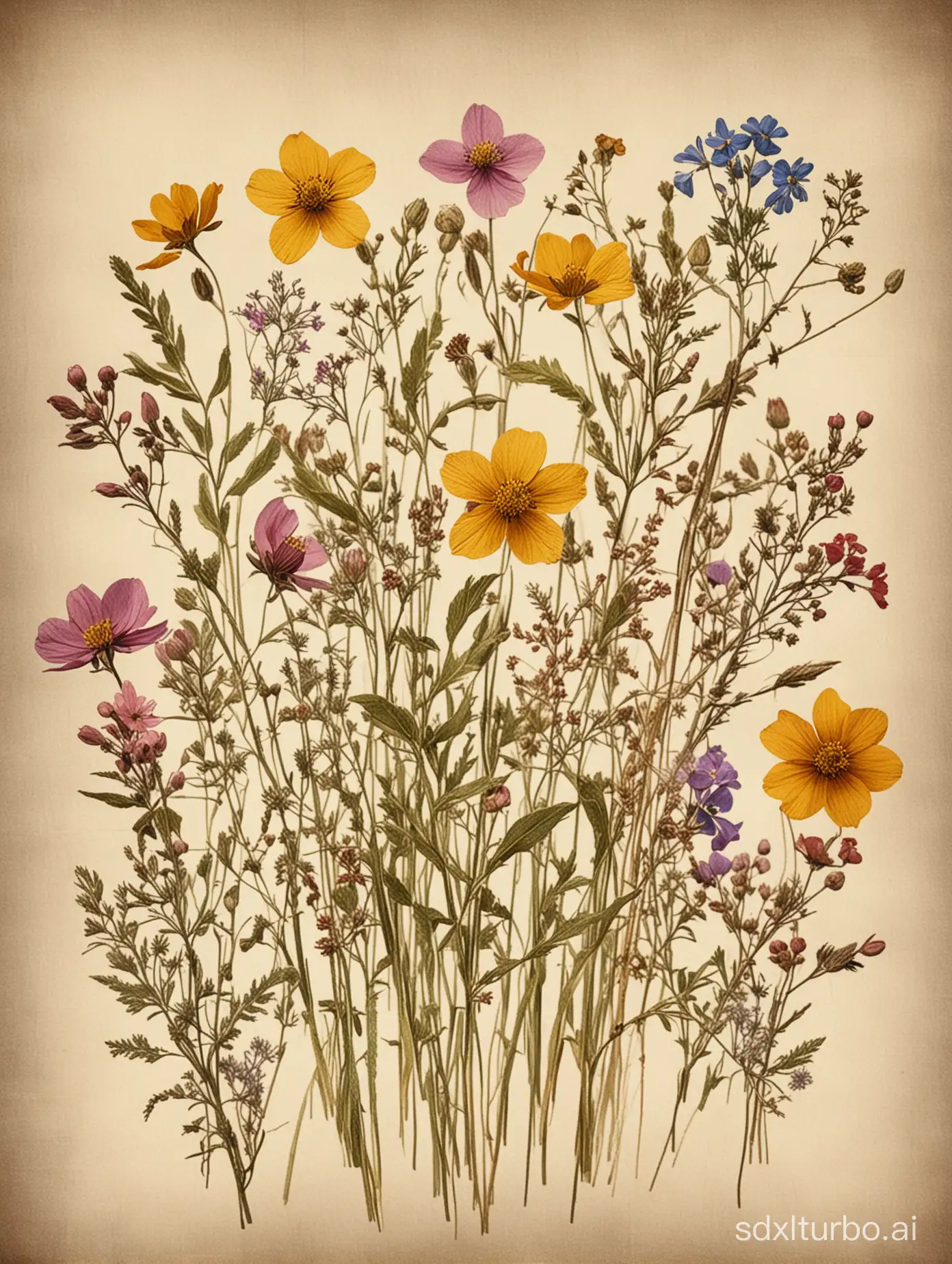 A beautiful image of pressed wild flowers in a vintage style.