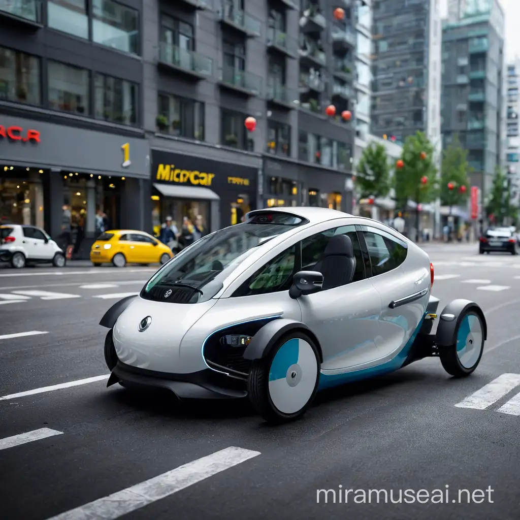 Microcar Driving Through Urban Landscape