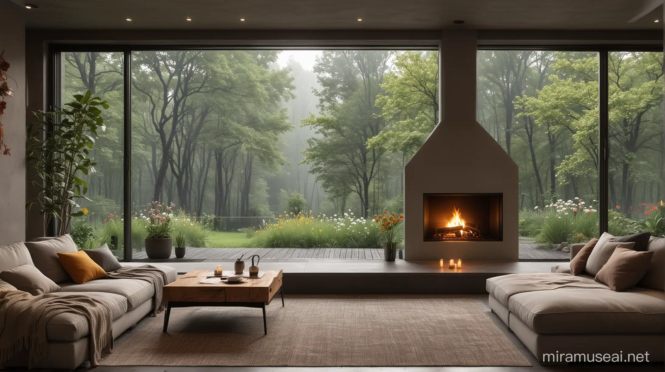 Fireplace style, It's a view of a room with , a terrace. It has a nice fireplace and is decorated with a cozy sofa. All the doors to the terrace are opened. The view outside the window is a dark at night with beautiful trees and flowers, rain, forest.
