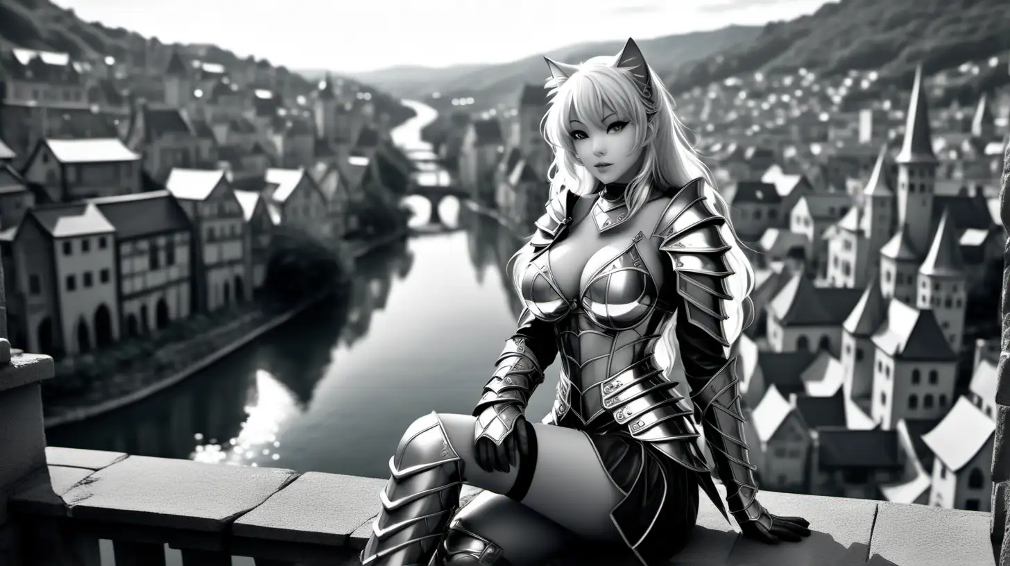 A grayscale anime style picture of a mature voluptuous silver-haired nekomimi wearing lite leather armor,  sitting while facing the camera overlooking a medieval fantasy style city with a picturesque lake running through it. The city features ancient and majestic architecture, creating a magical and enchanting atmosphere. This high-quality image captures the beauty and mystery of a fantasy world, perfect for fantasy art enthusiasts and storytelling projects. High-resolution depiction of a captivating scene with intricate details and stunning visuals, hide hands