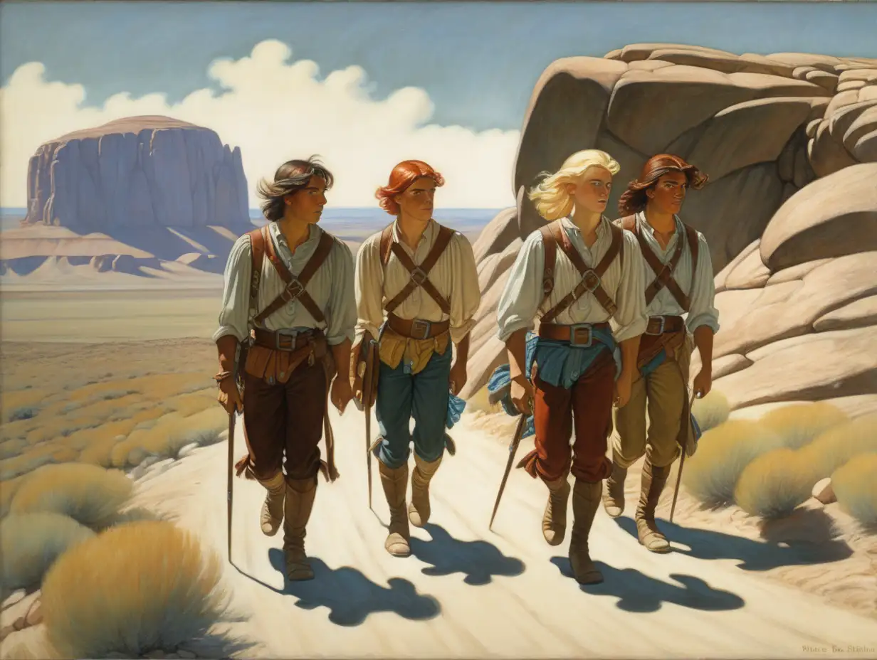 Three Young Men Marching Towards Distant Mesa Vintage Exploration Scene Inspired by NC Wyeth