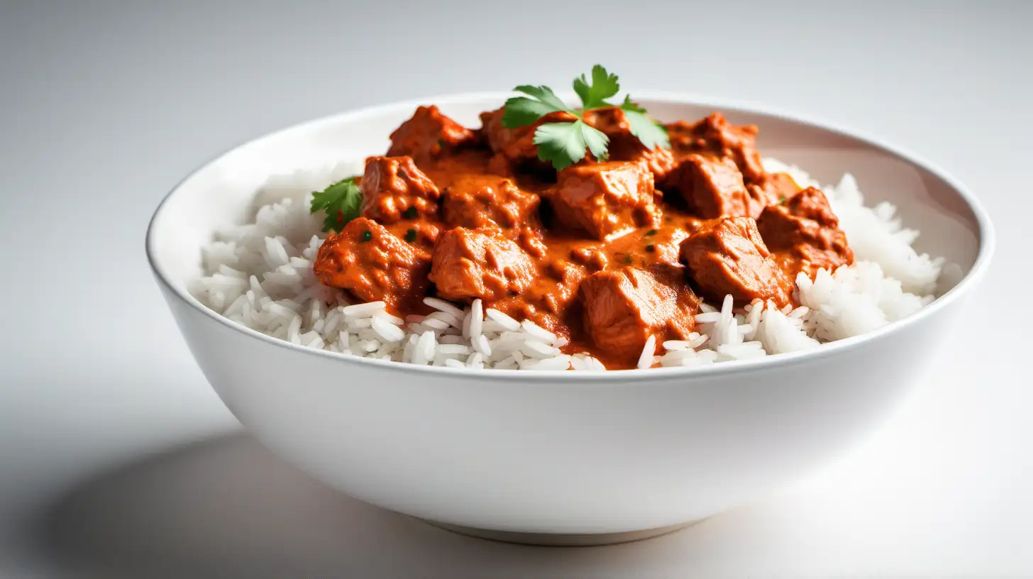 Savory Chicken Tikka Masala and Rice Delight on Seamless White Background