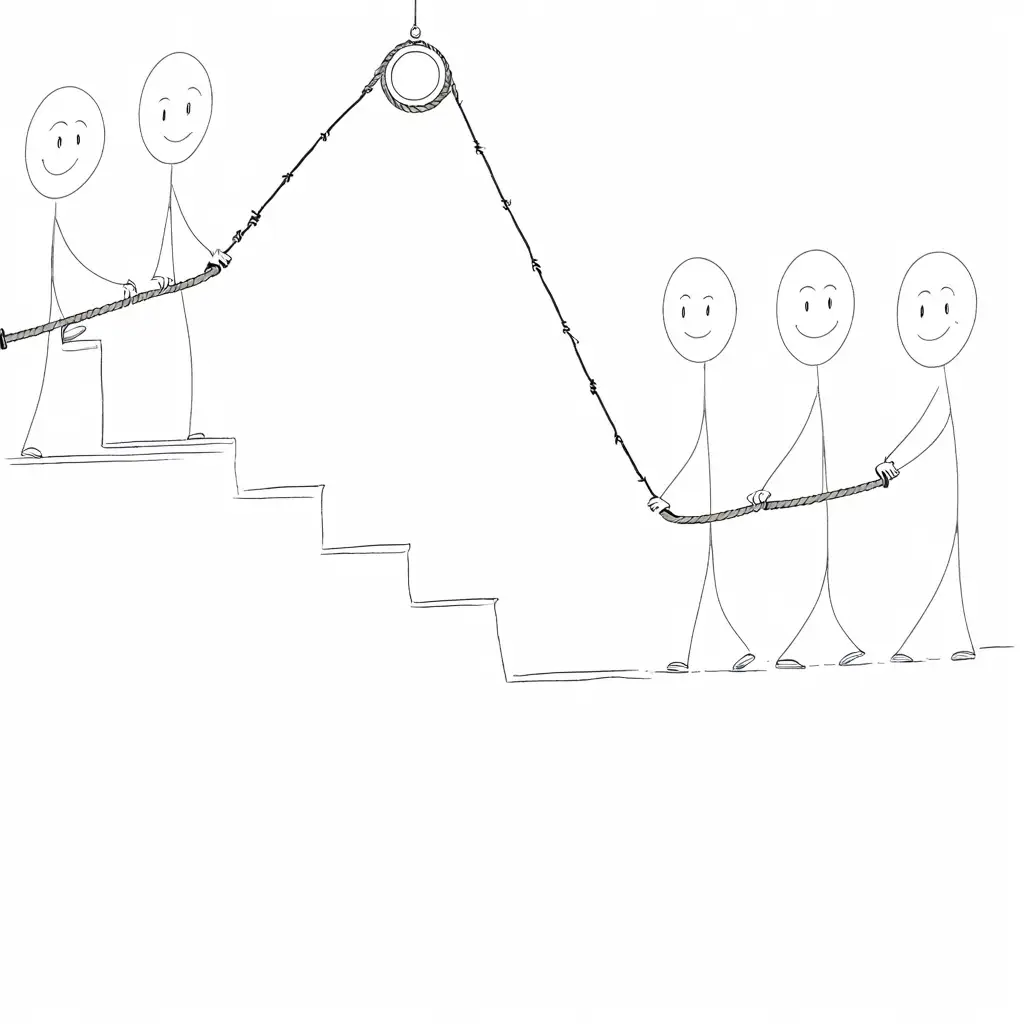 improve this sketch. Three people are holding the rope of the pulley at the bottom of the stairs and 2 people are pushing a heavy object attached to another end of the rope from the top of the stairs