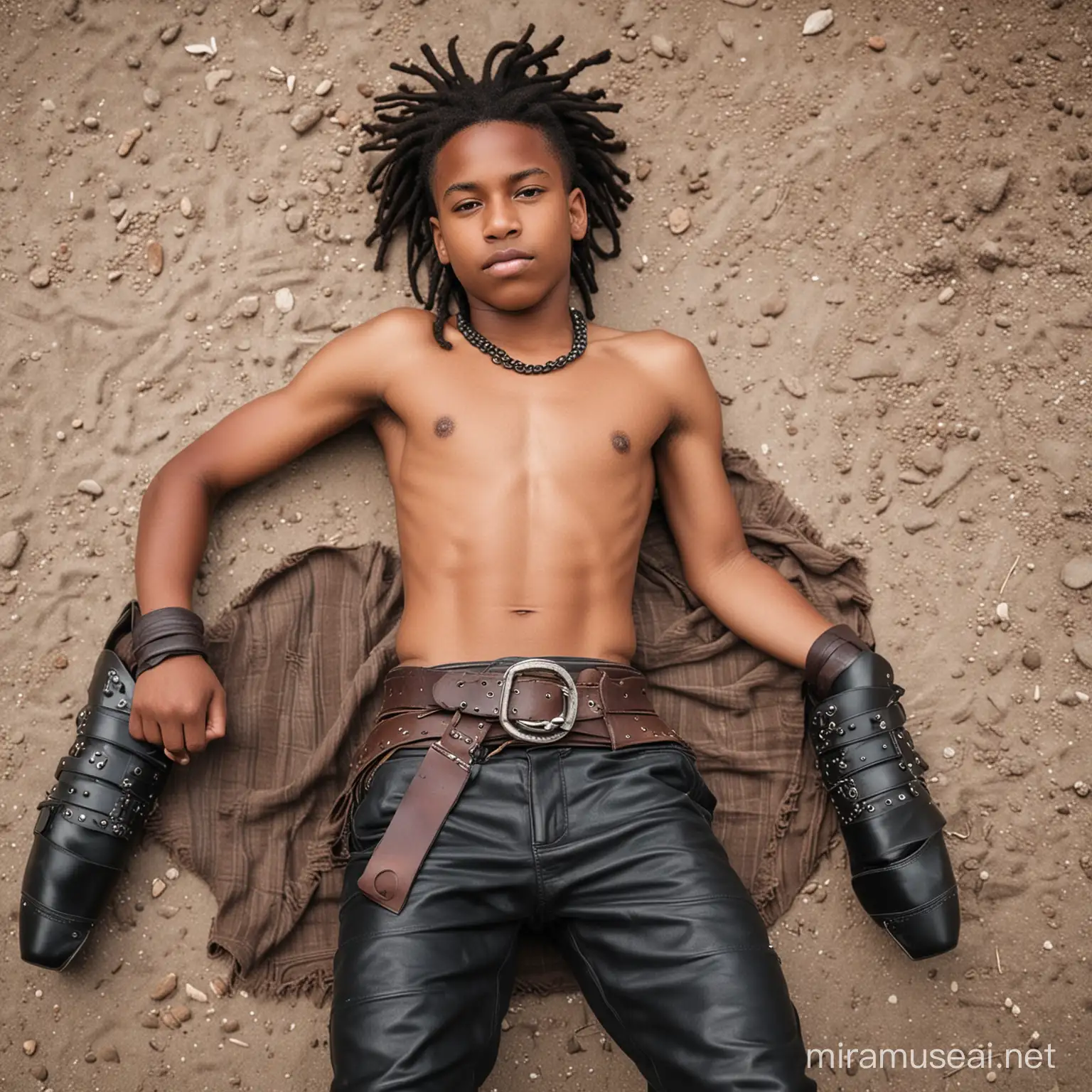 A very young black shirtless teenage boy warrior with dreadlocks, wearing a very short loincloth, a big leather belt and boots, lying on the ground.