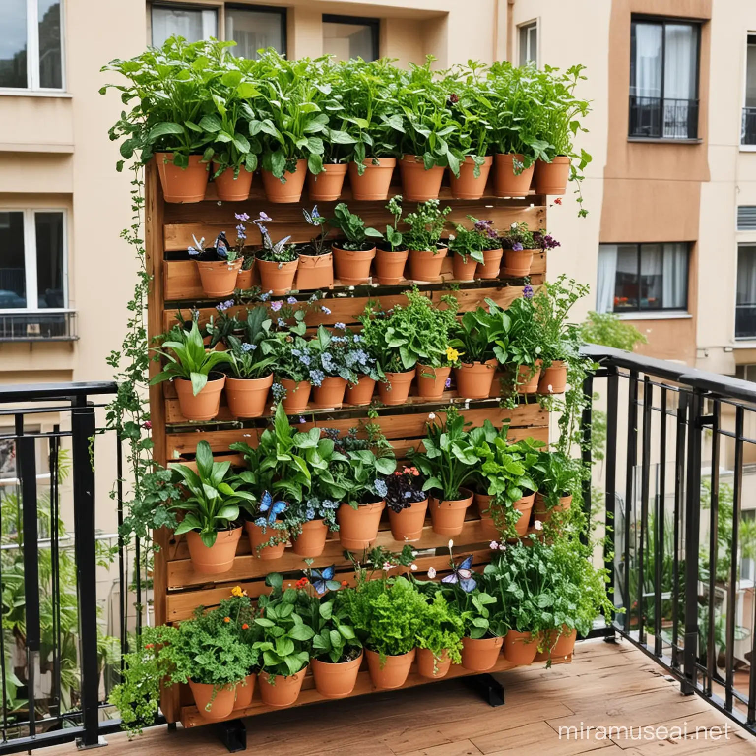 Can you create a home garden using Vertical Garden Planters on the balcony of someone's apartment home? Make the scenery sunny with butterflies and other plants that are spices, and vegetables. Do not make it look cluttered.