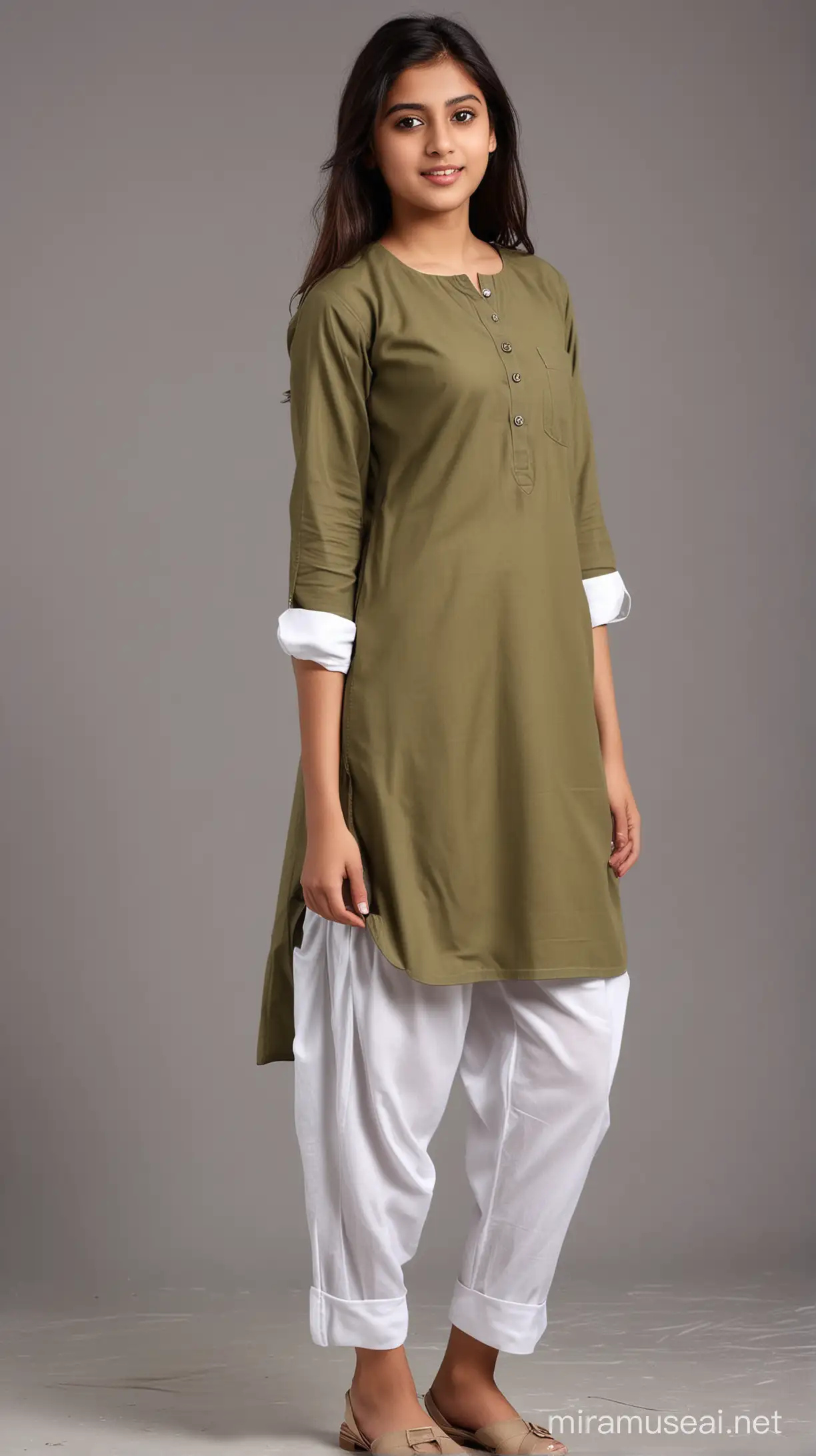 A Young adult A-level school girl standing straight on a side pose wearing a plane khaki round neck kameez and white shalwar, and a dupatta on the chest and shoulders, realistic, thin, teenage, gorgeous, full image, full shot, full-body. Must be wearing school shoes.