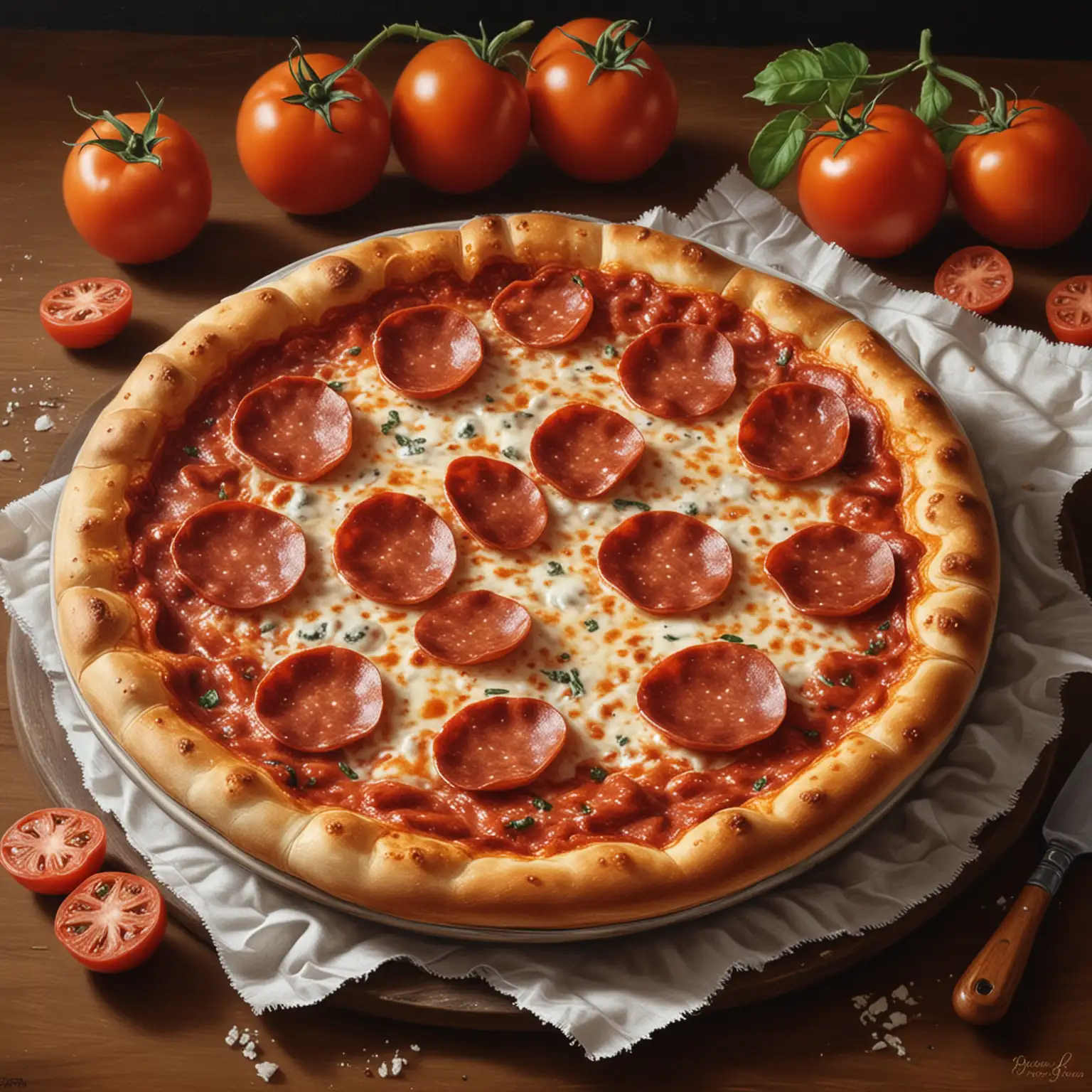 pizza pequeña de peperoni en pintura de arte bodegón realismo