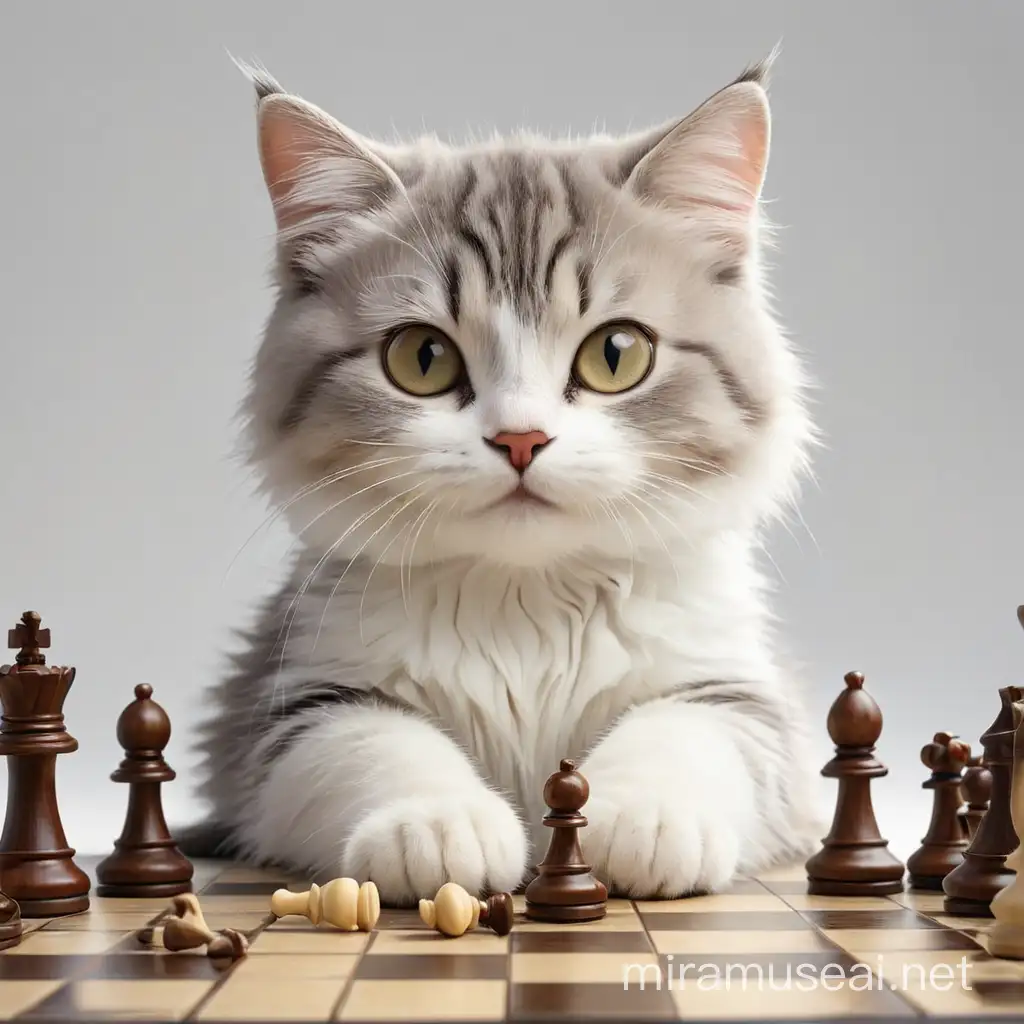 Adorable Cat Engaged in Chess Play on Clean White Background