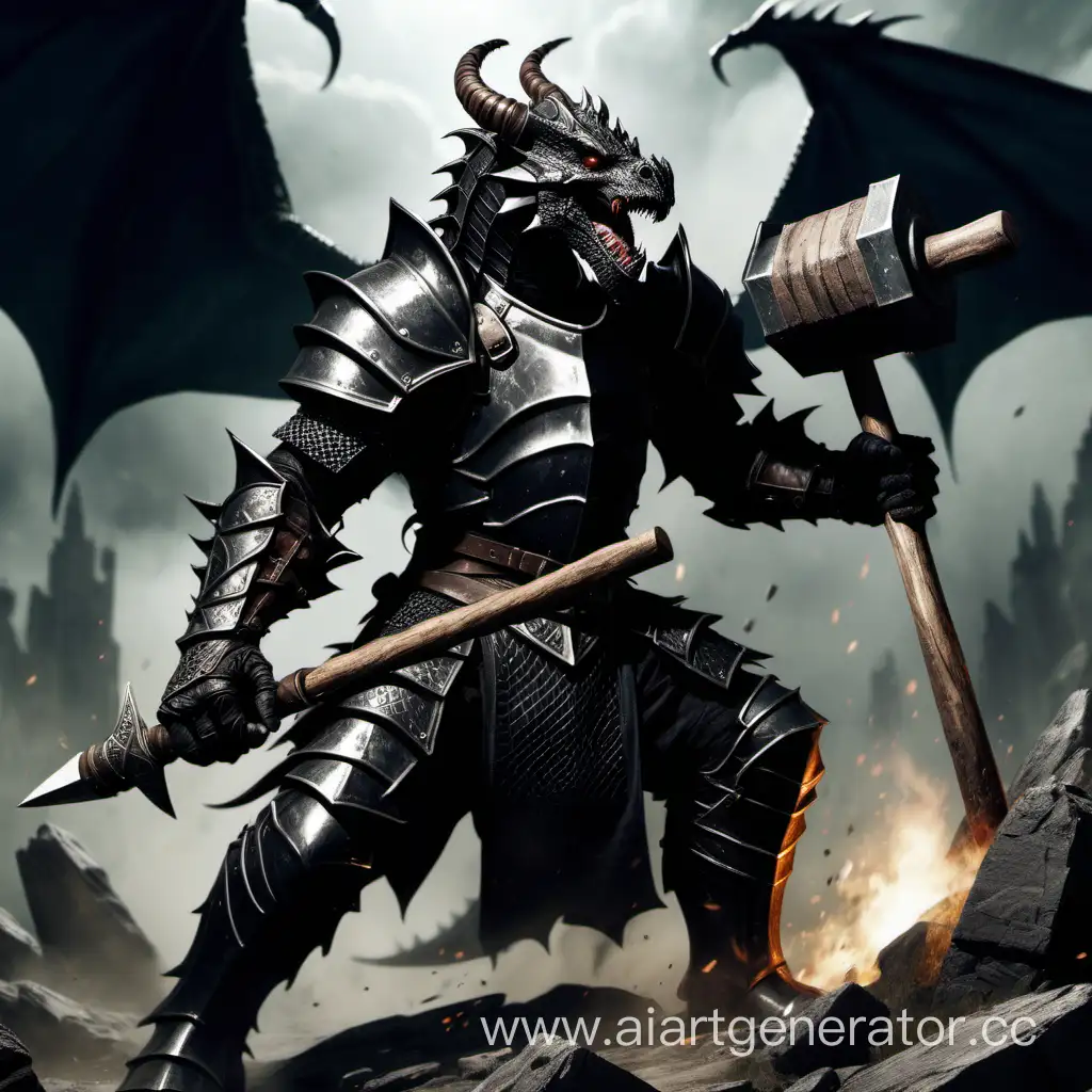 черный драконорожденный рыцарь с двуручным молотом атакует
