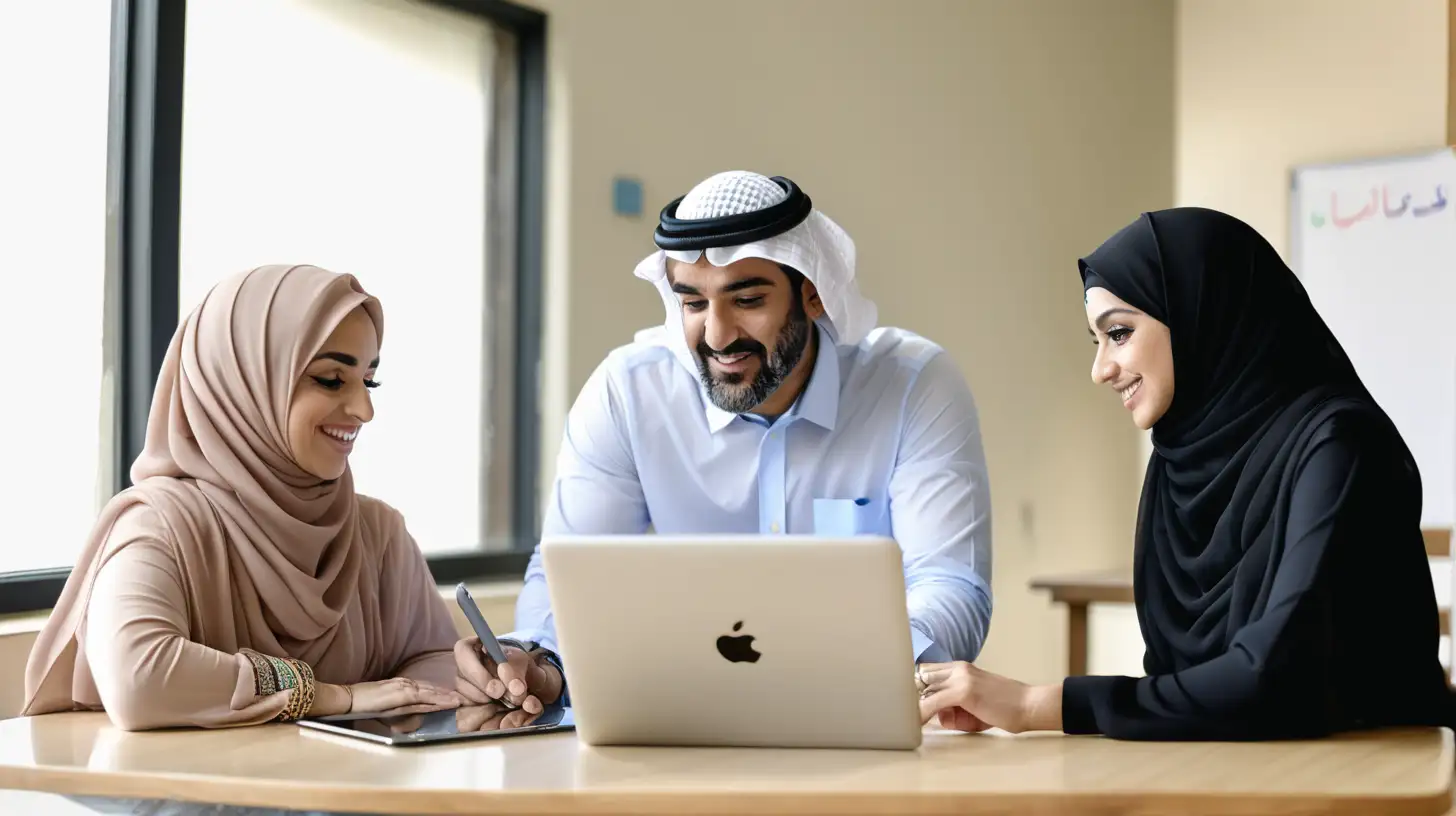 male Arabic teacher using laptop and female Arabic teacher using ipad