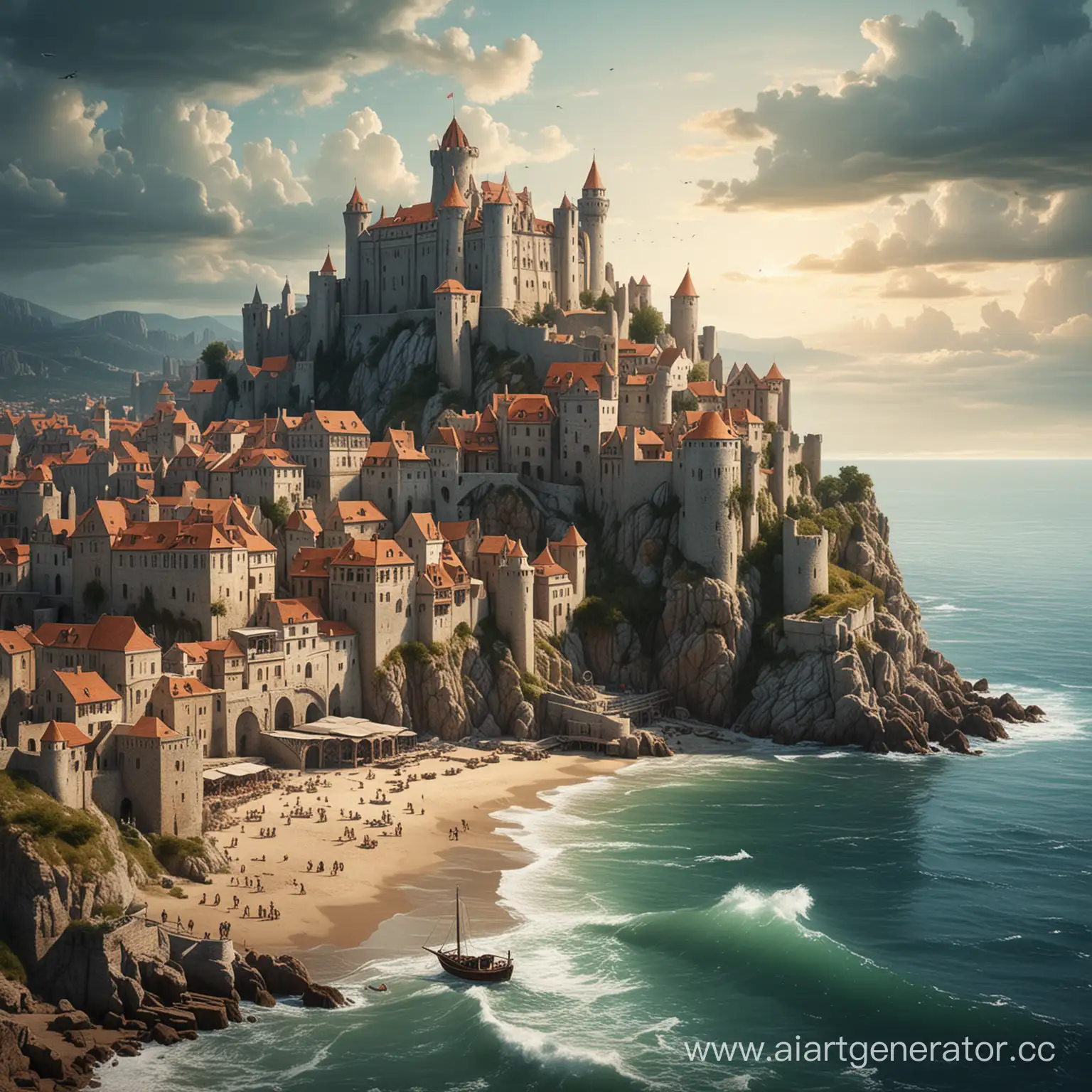 Medieval-Style-Castle-Overlooking-Coastal-Cityscape