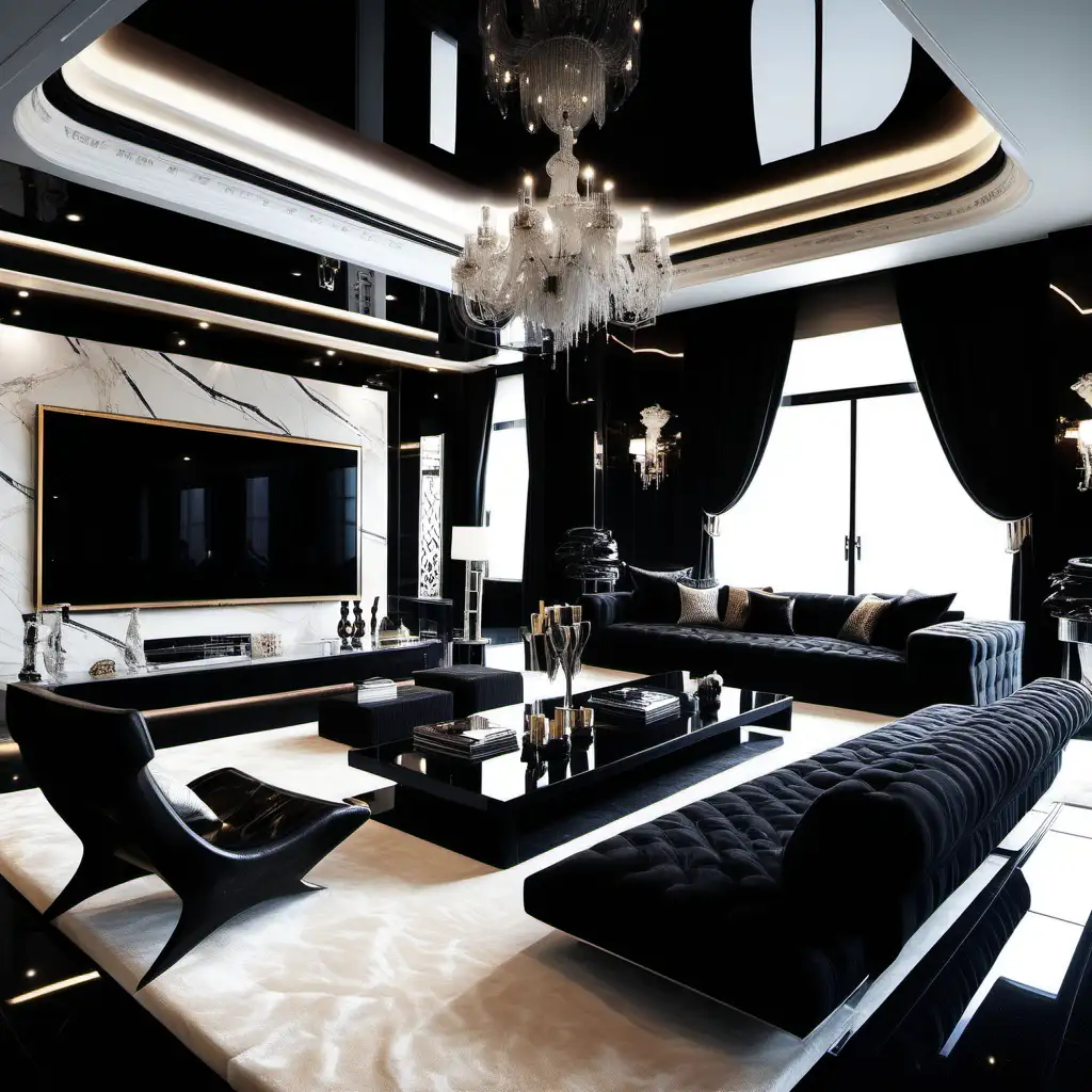 Show me a luxurious modern billionaire gigantic black living room 
