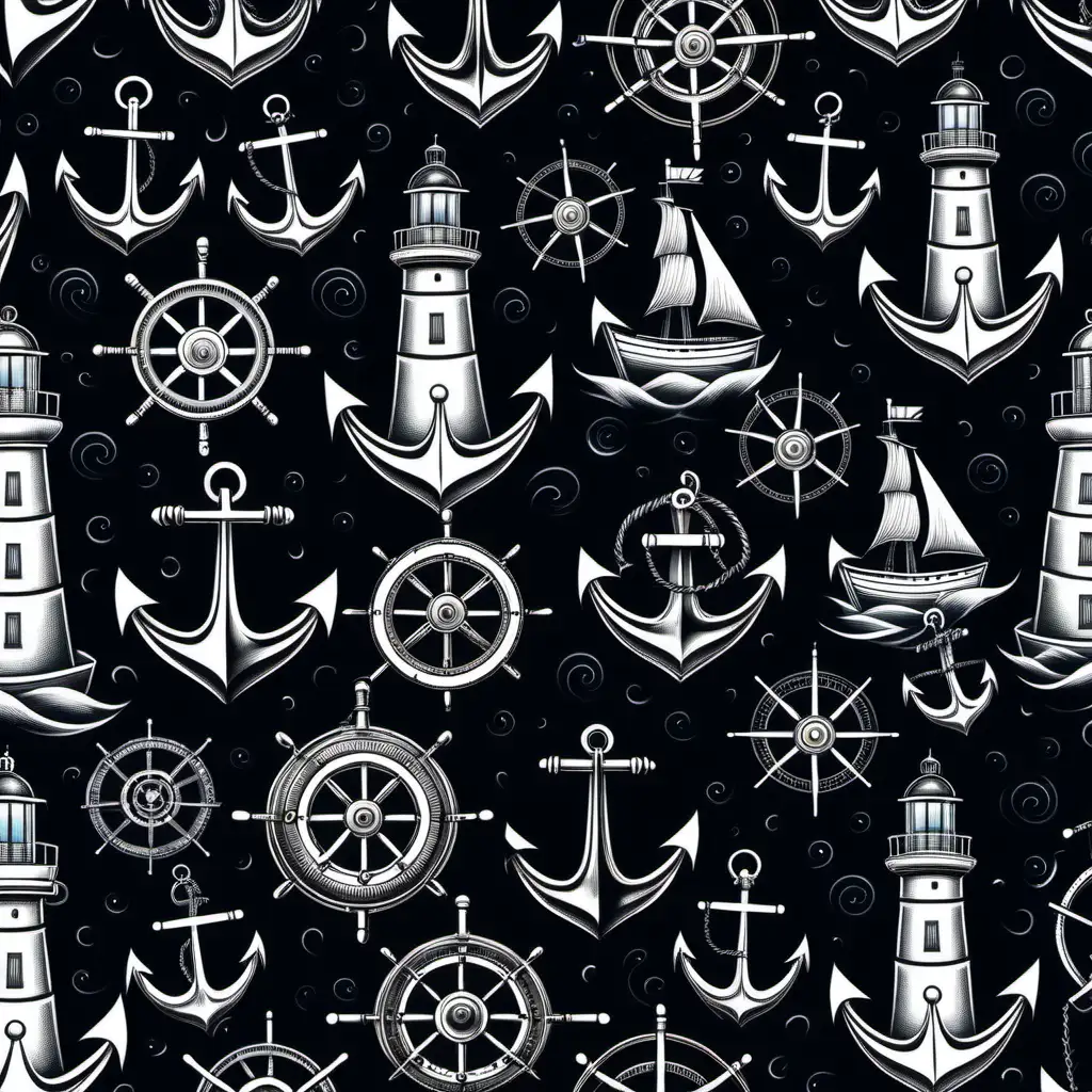 Seamless Old School Tattoo Design with Anchor Ship and Lighthouse on Black Background