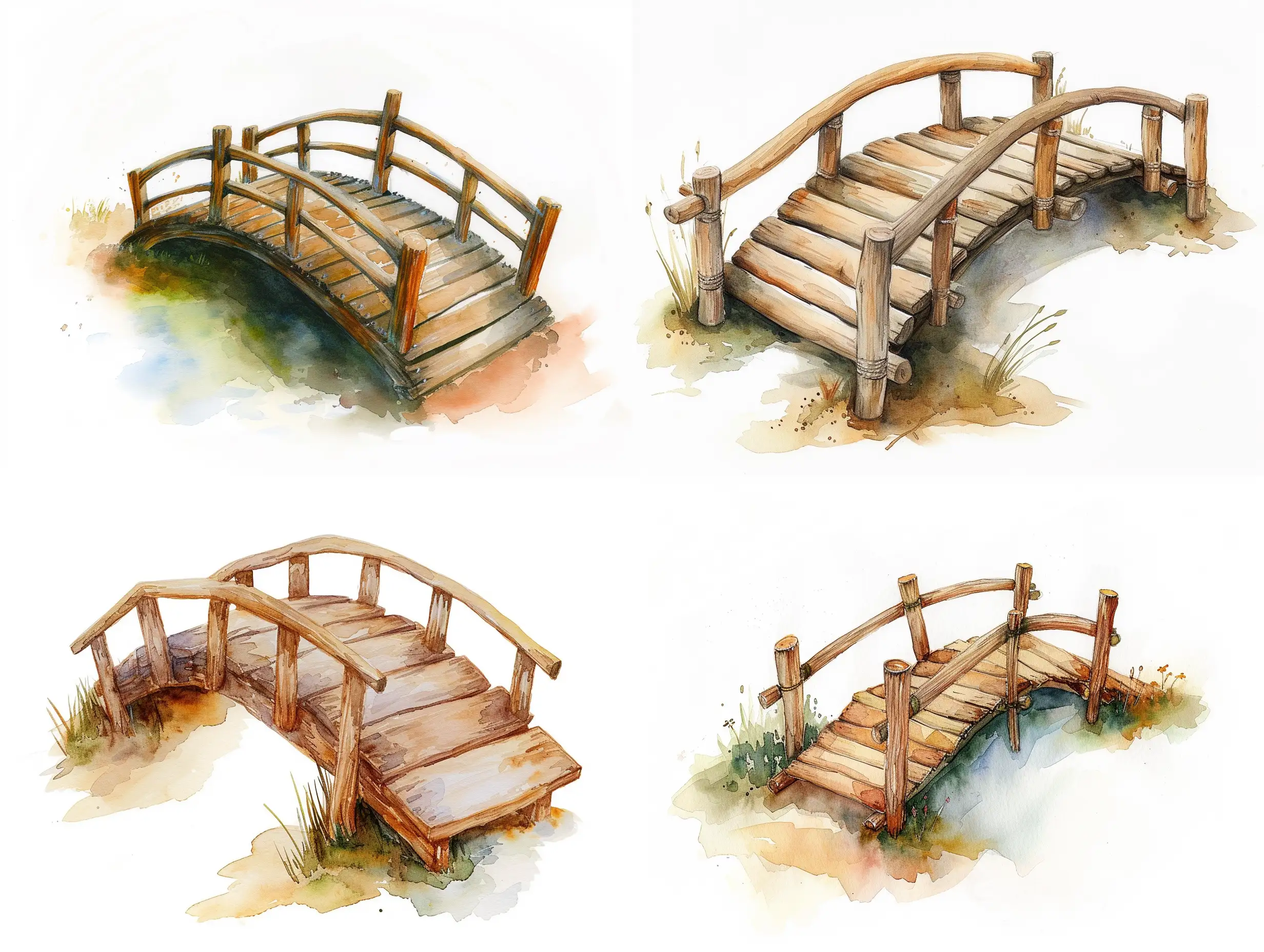 Tranquil-Watercolor-Scene-Small-Wooden-Bridge-Arching-Over-Water