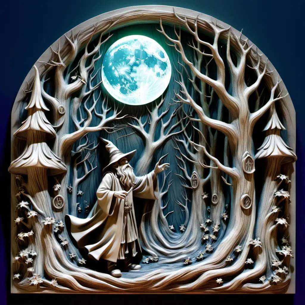 relief, enchanted forest, with a wizard,, at a full moon