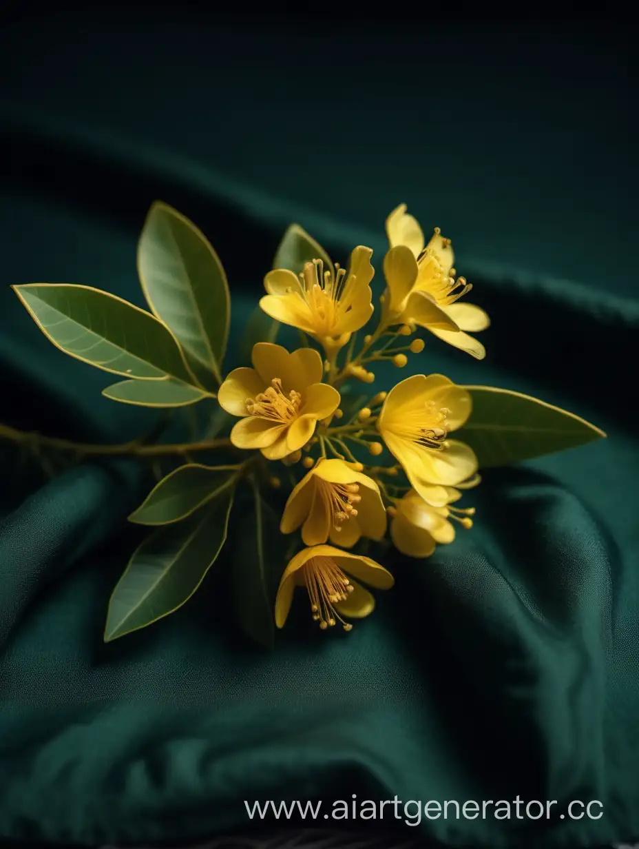 Acacia yellow flower close up 8k on dark green laying on white cloth surface background