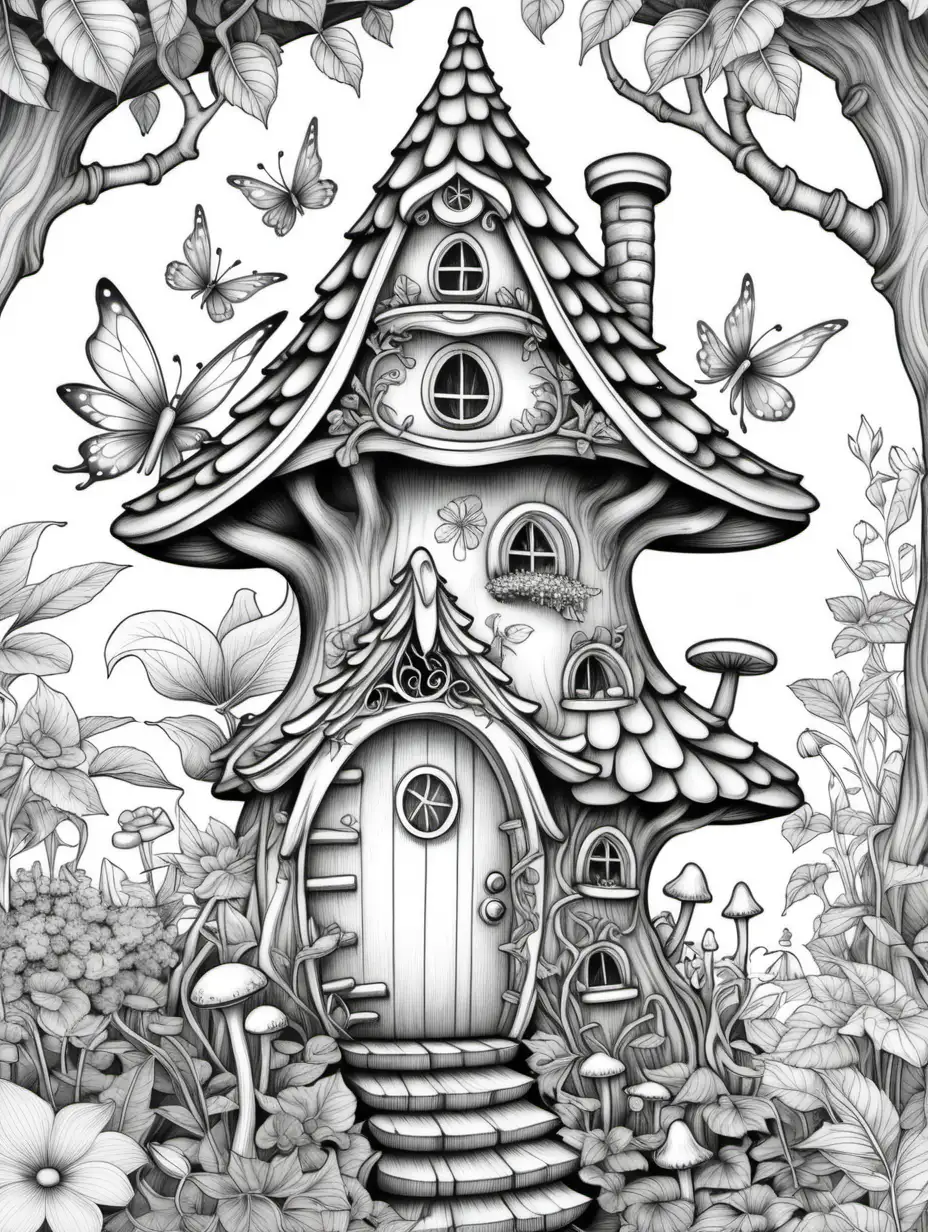 adult coloring book, fairy homes,  high detail,  no shading, roof flower,  fantasy, branch