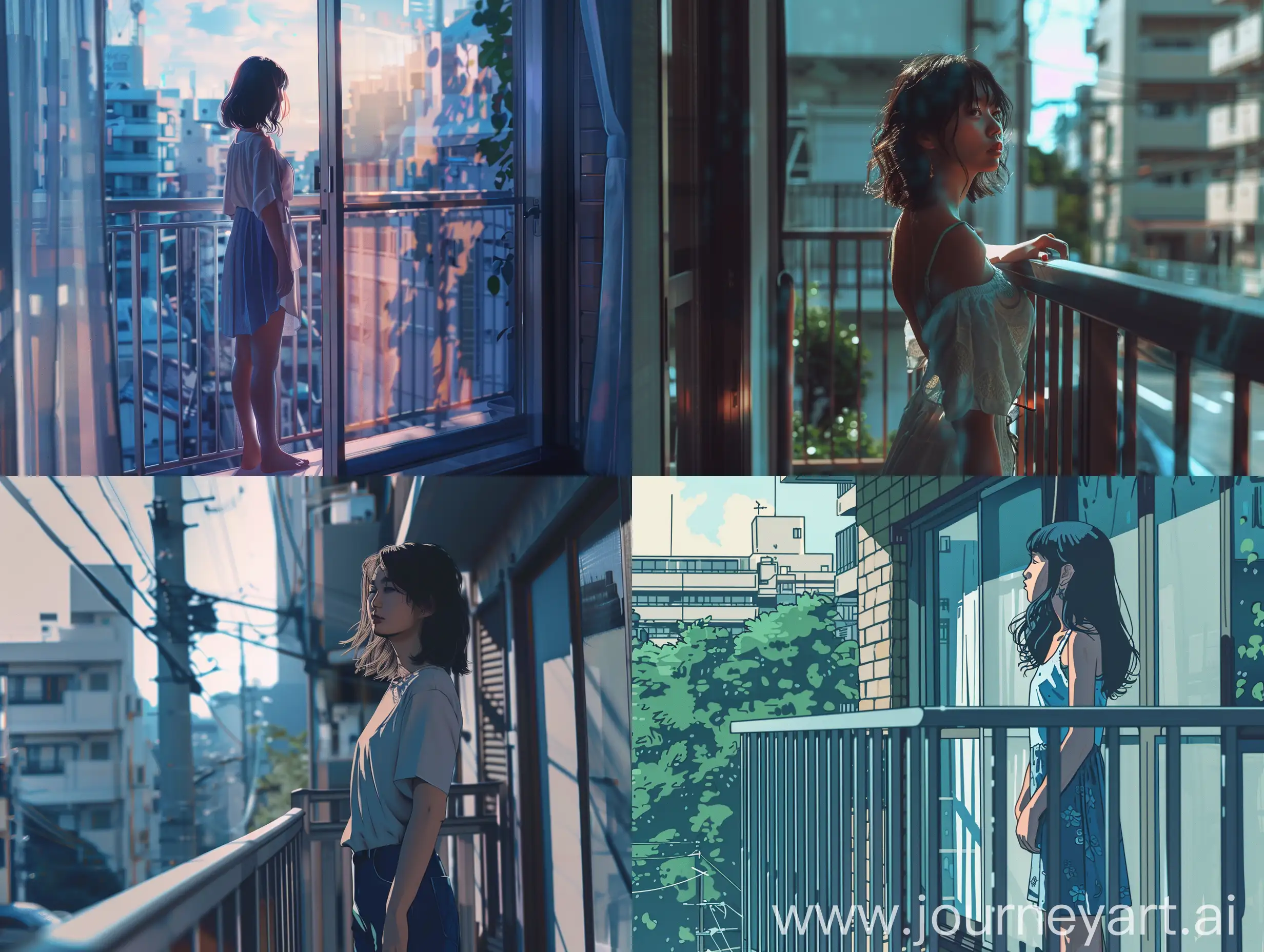 Utopian-Day-in-Tokyo-Anime-Woman-on-Balcony-with-Moody-Illustration