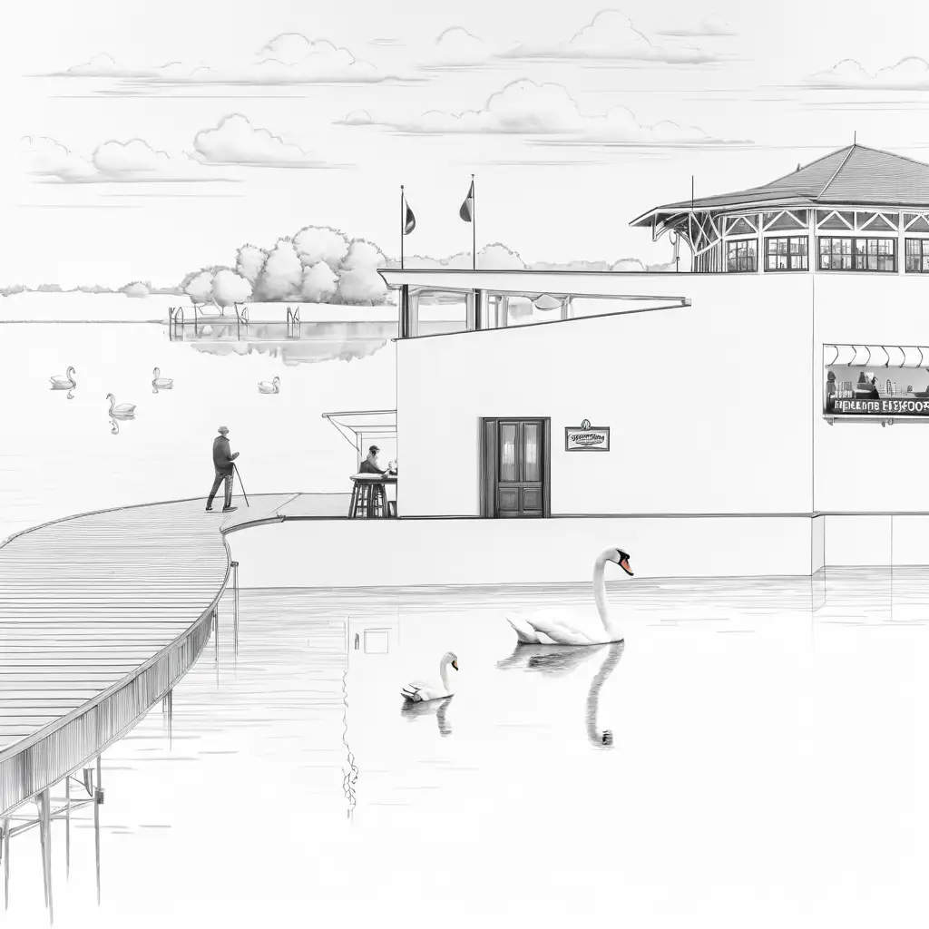 Architect Sketching at Lakeside Bar with Swan Pedalos