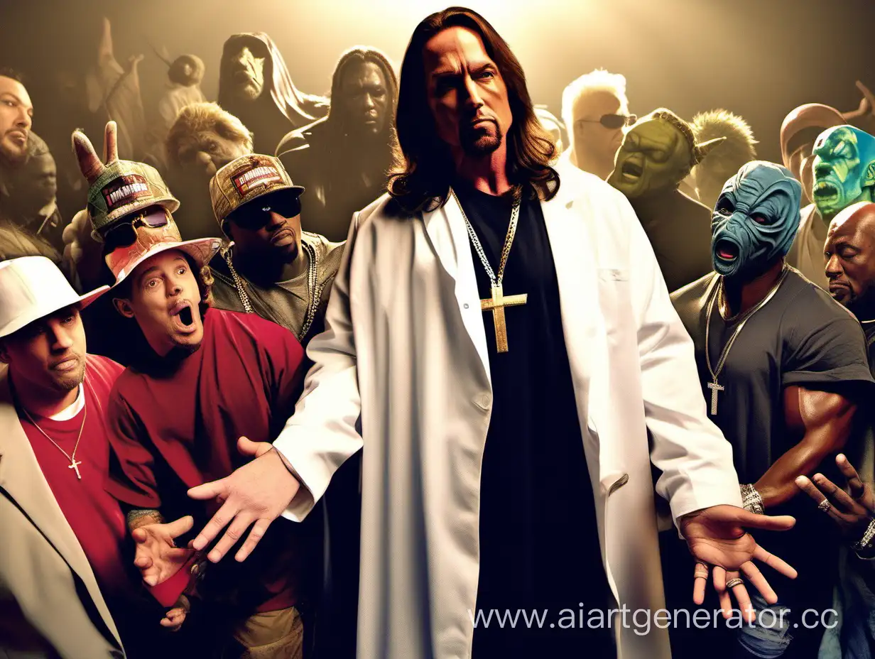An incredible party in a nightclub, dance, underground club where drum and bass plays dedicated to the birthday of Jesus, at which he himself is present in the main role. His guests are the living dinosaurs from the movie Jurassic Park and the gods also dressed in hip hop style. They are all dressed stylishly and in hip hop style. Jesus is wearing a rapper's robe. And more dinosaurs. Add 3 more dinosaurs to it. . Eminem is visiting. Donald Trump is visiting. Arnold Schwarzenegger is visiting. Rocky Balboa is visiting.  Assap Rocky came up with what it would look like and shot a clip. Jesus has long hair and is handsome. Jesus is white. Jesus is the real Jesus.
