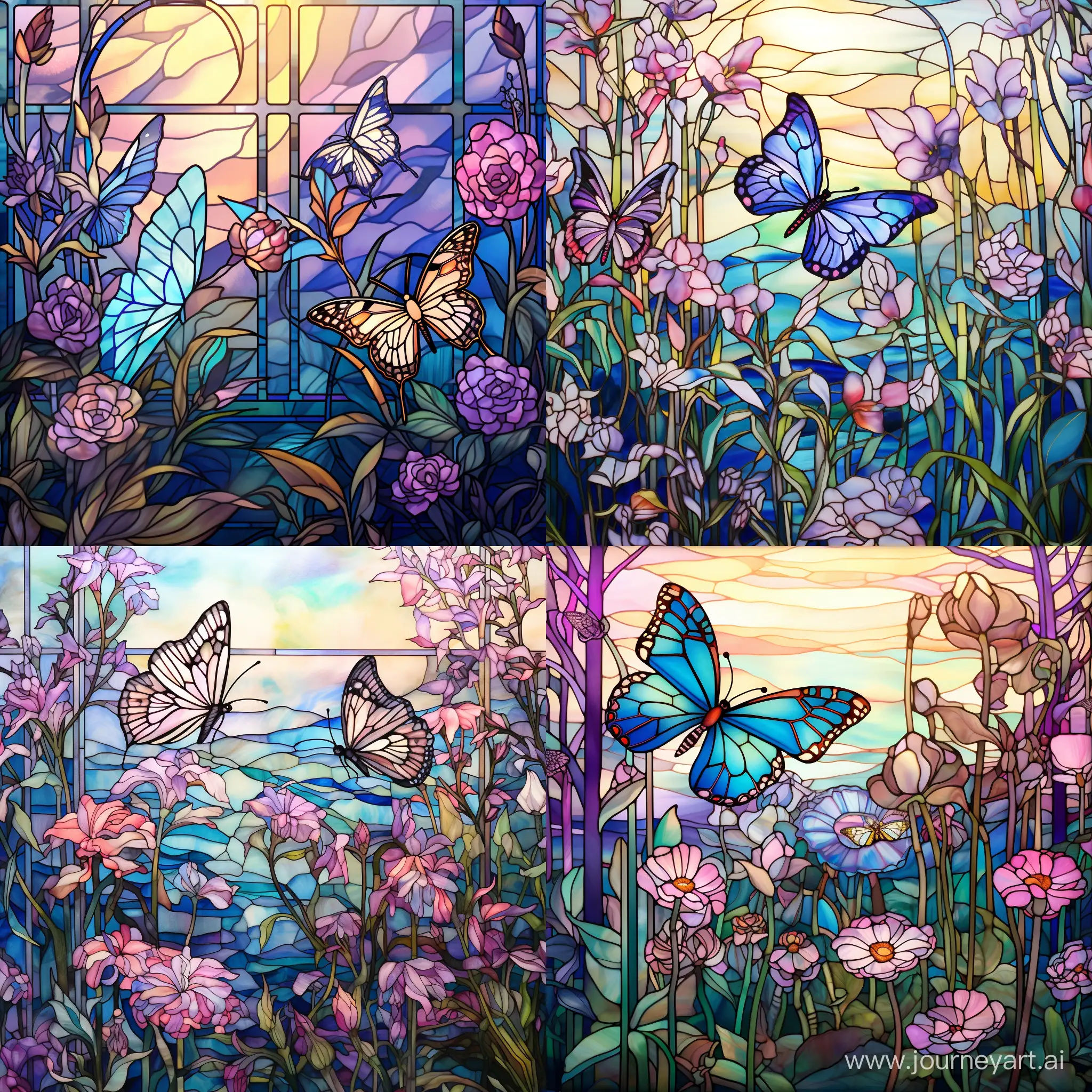 Stained glass butterflies fluttering through a wildflower garden at golden hour on stained glass. The butterflies are shades of soft blues, teals, whites, purples. The flowers are soft pastel shades of pink, white and soft buttery yellow. The butterflies are iridescent and seem to shimmer in the light and subtly change color in the light.