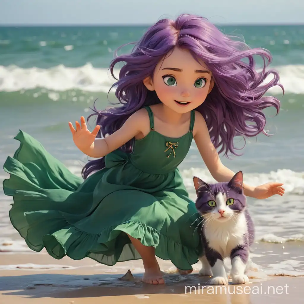 Beautiful girl with purple hair playing with a cat on the seashore, the girl is wearing an emerald sundress, the hem of the sundress is fluttering in the wind