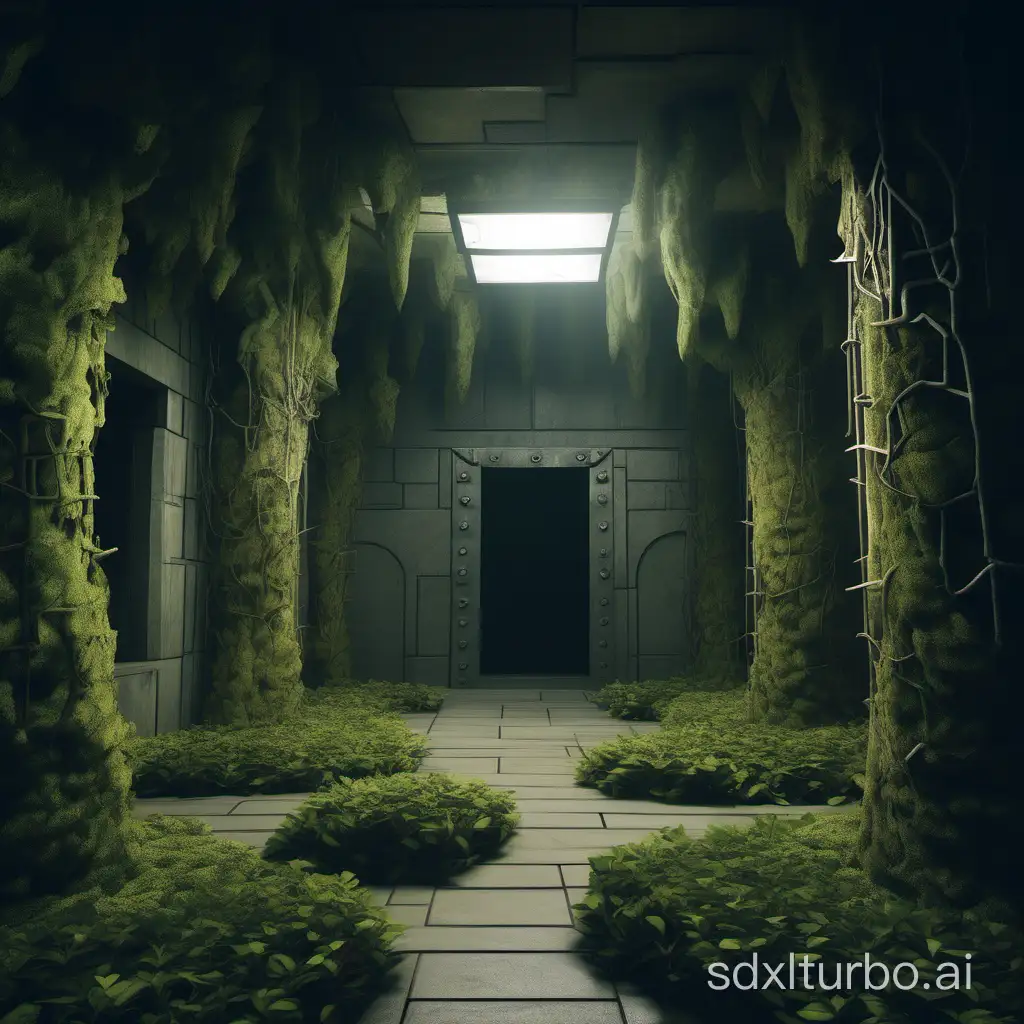 a closed room of a dungeon made of trees with bushes on the floor