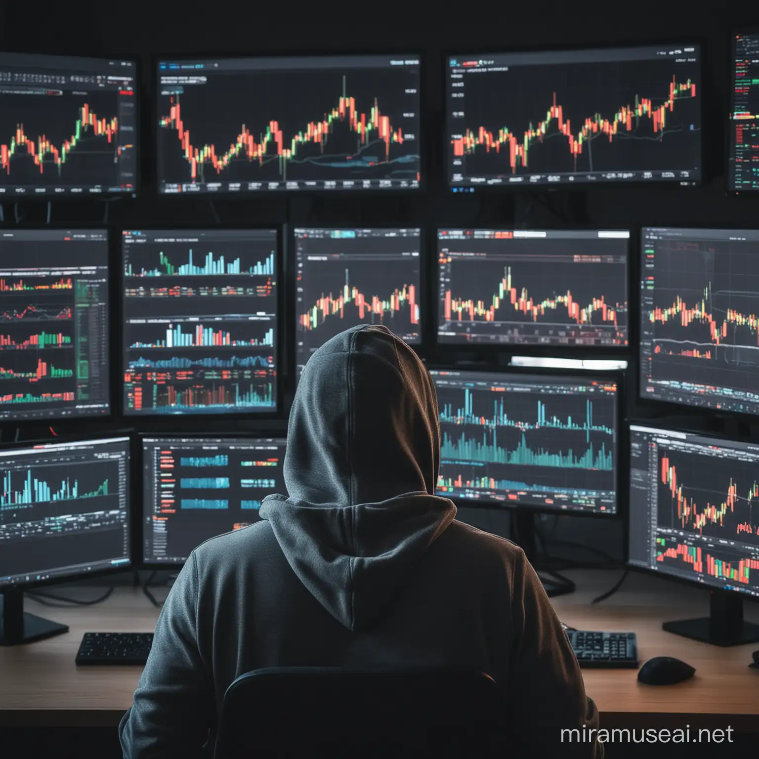 Trader in Hoodie Analyzing Stock Charts on Dual Monitors in Dimly Lit Room
