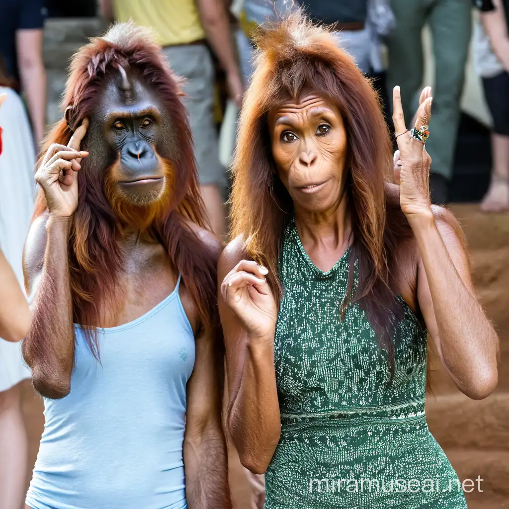 A very hairy woman transform to wereorangutan showing the very hairy female body with brown skin and sweaty hairy female boobs and hairy brown orangutan faces and long hairs