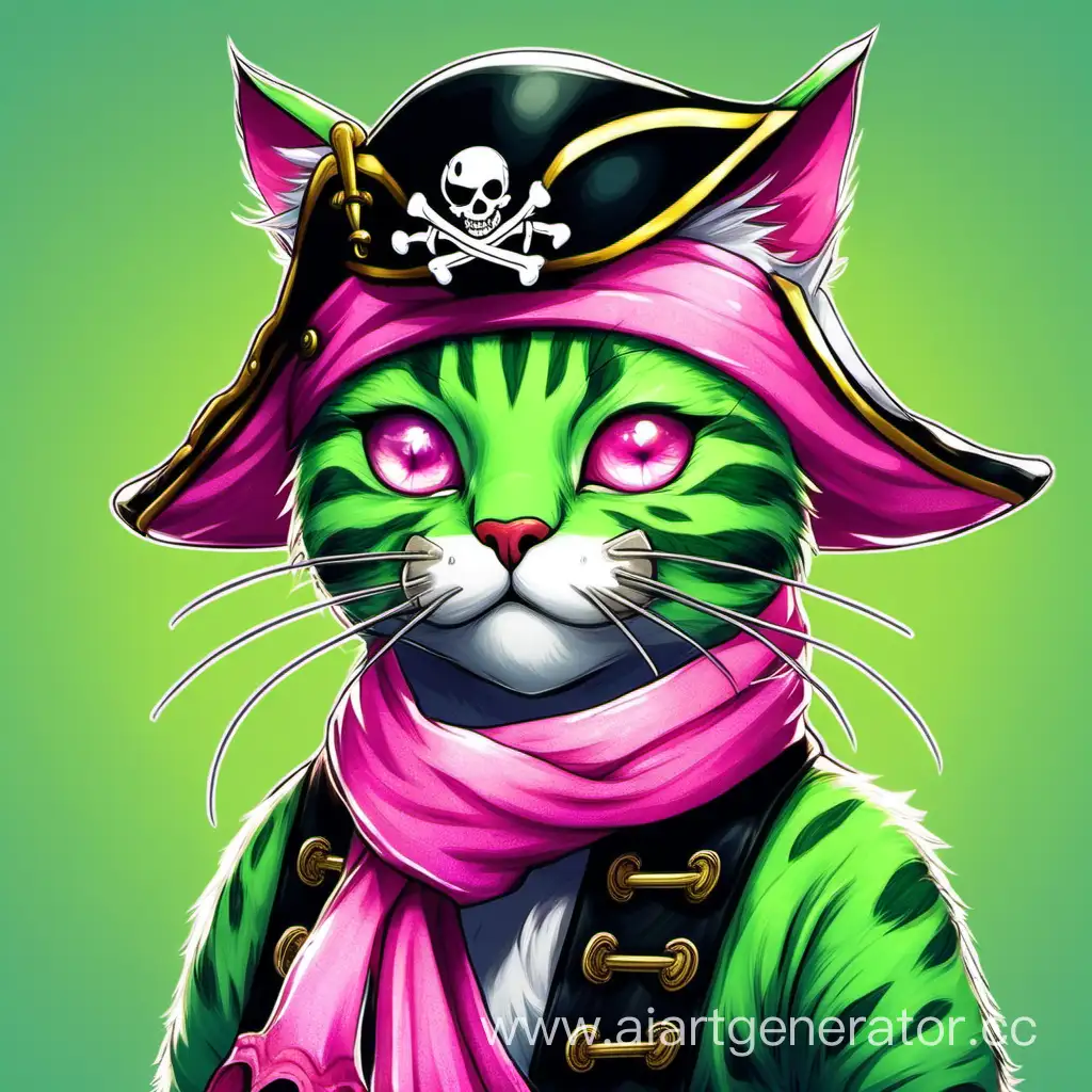 Зелёная кошка с пиратской шляпой, розовыми глазами и серым шарфом