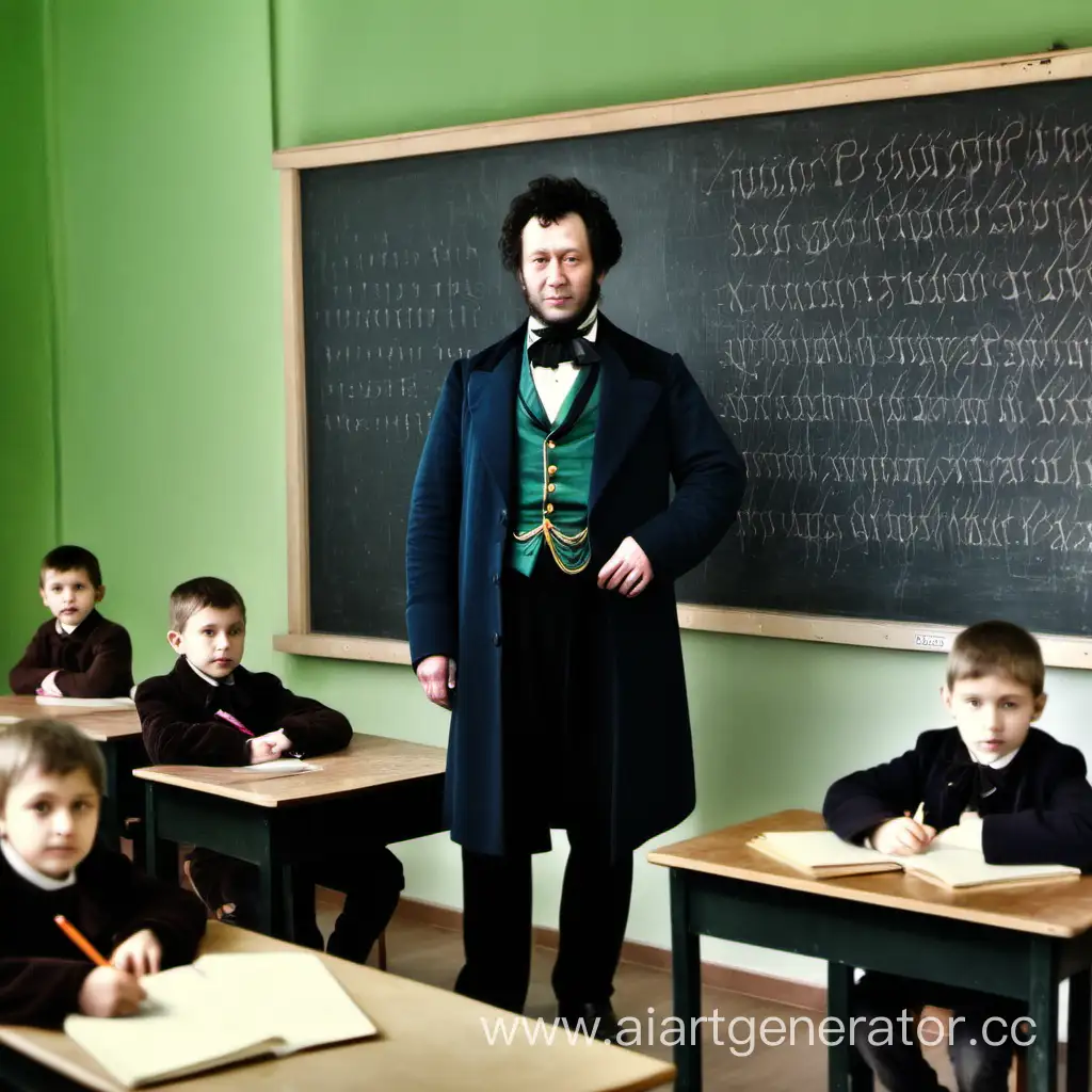 Писатель пушкин стоит у школьной доски , сзади сидят дети которые пишут то что Пушкин написал на доске, это кабинет русского языка и литературы