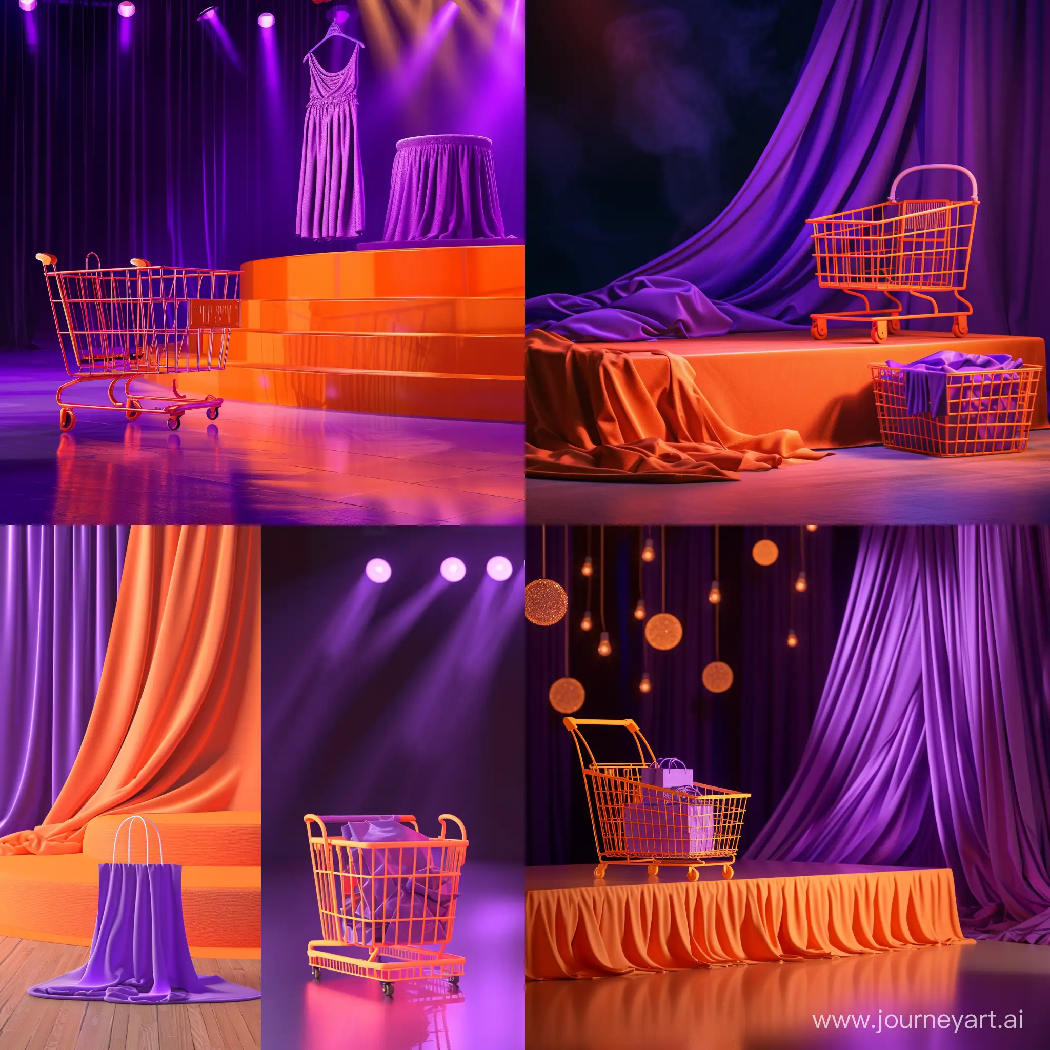 Purple-Stage-with-Orange-Shopping-Basket-and-Soft-Lighting-Background